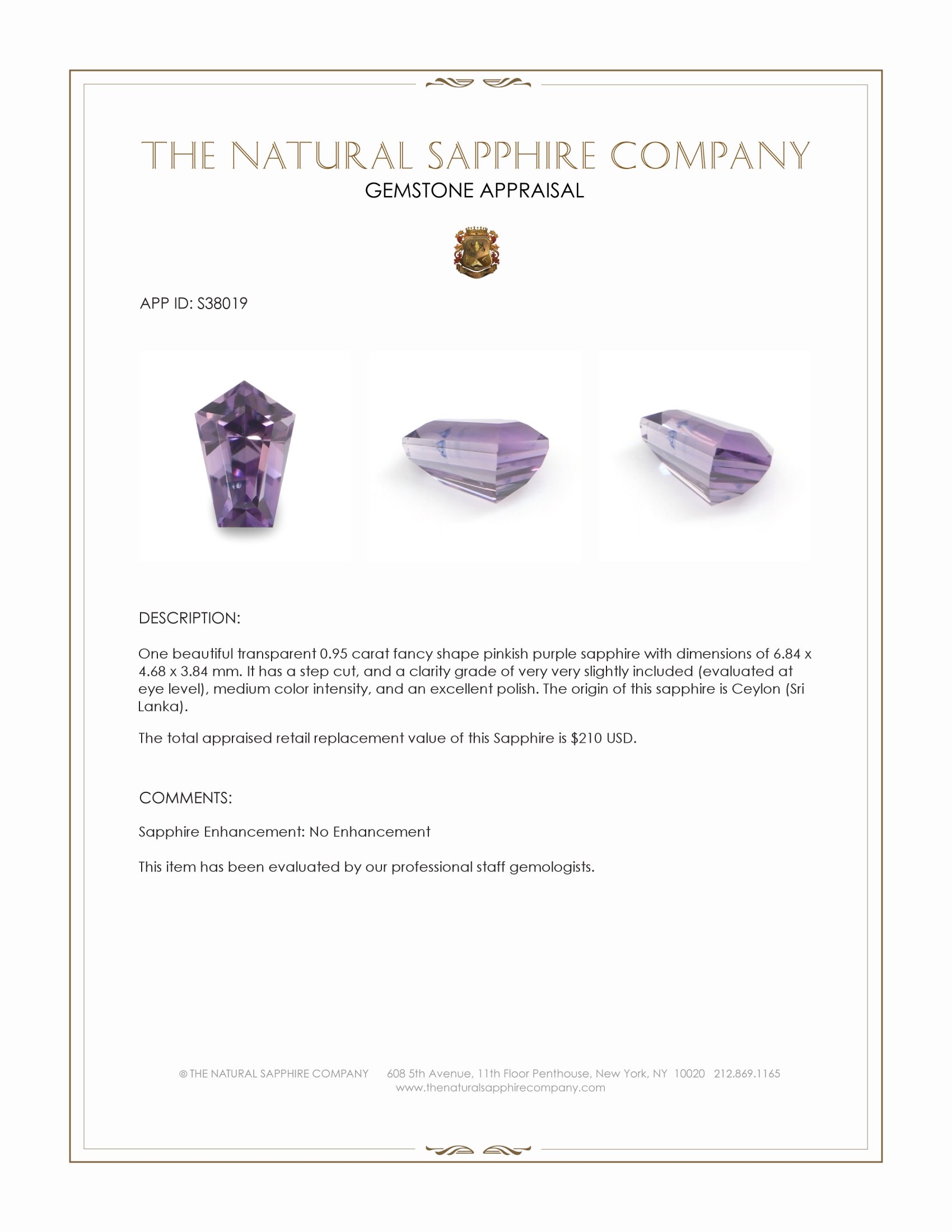 0.95 Ct. Pinkish Purple Sapphire from Ceylon (Sri Lanka)