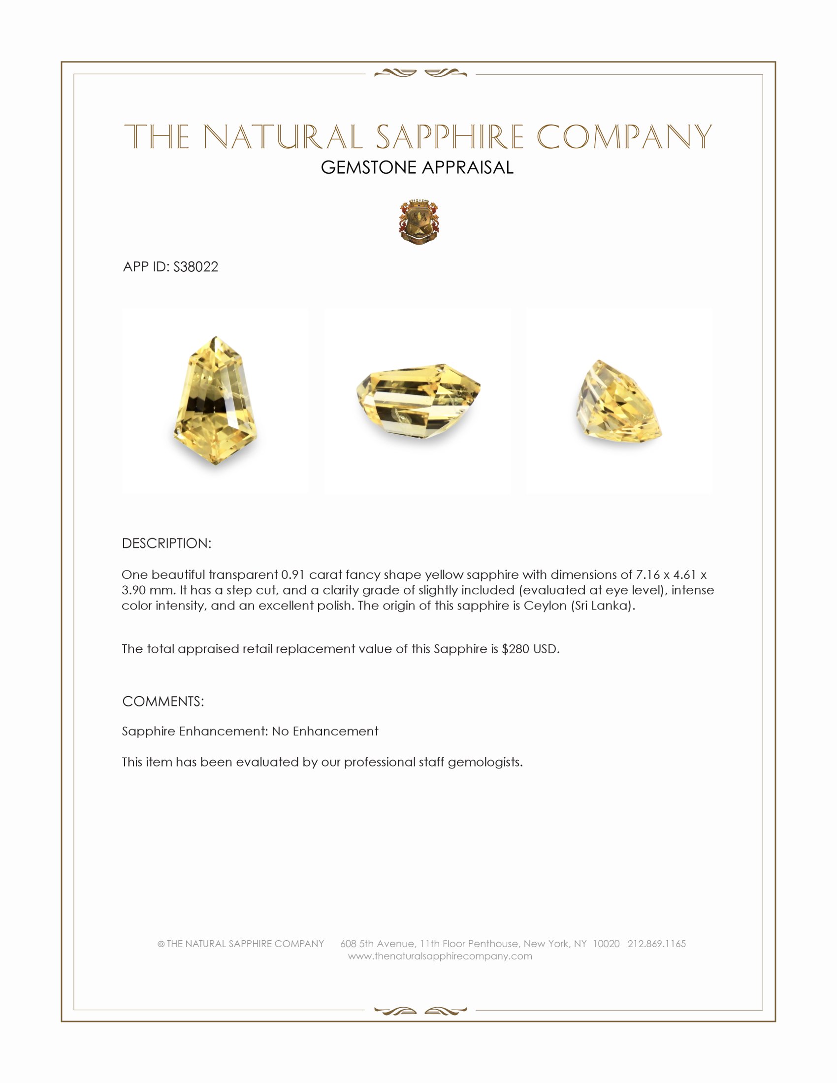 0.91 Ct. Yellow Sapphire from Ceylon (Sri Lanka)