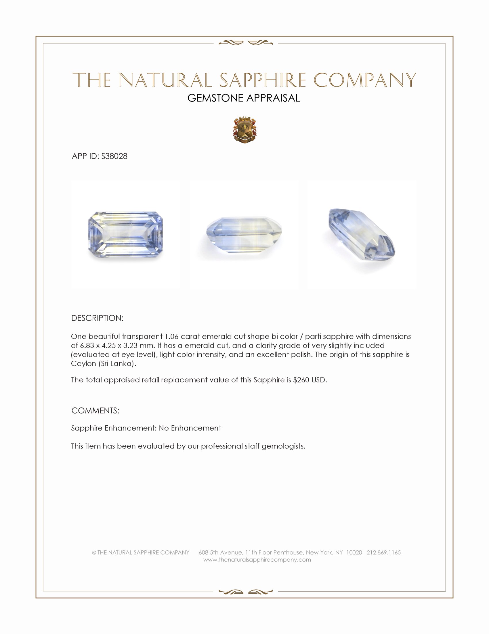 1.06 Ct. Bi Color / Parti Sapphire from Ceylon (Sri Lanka)