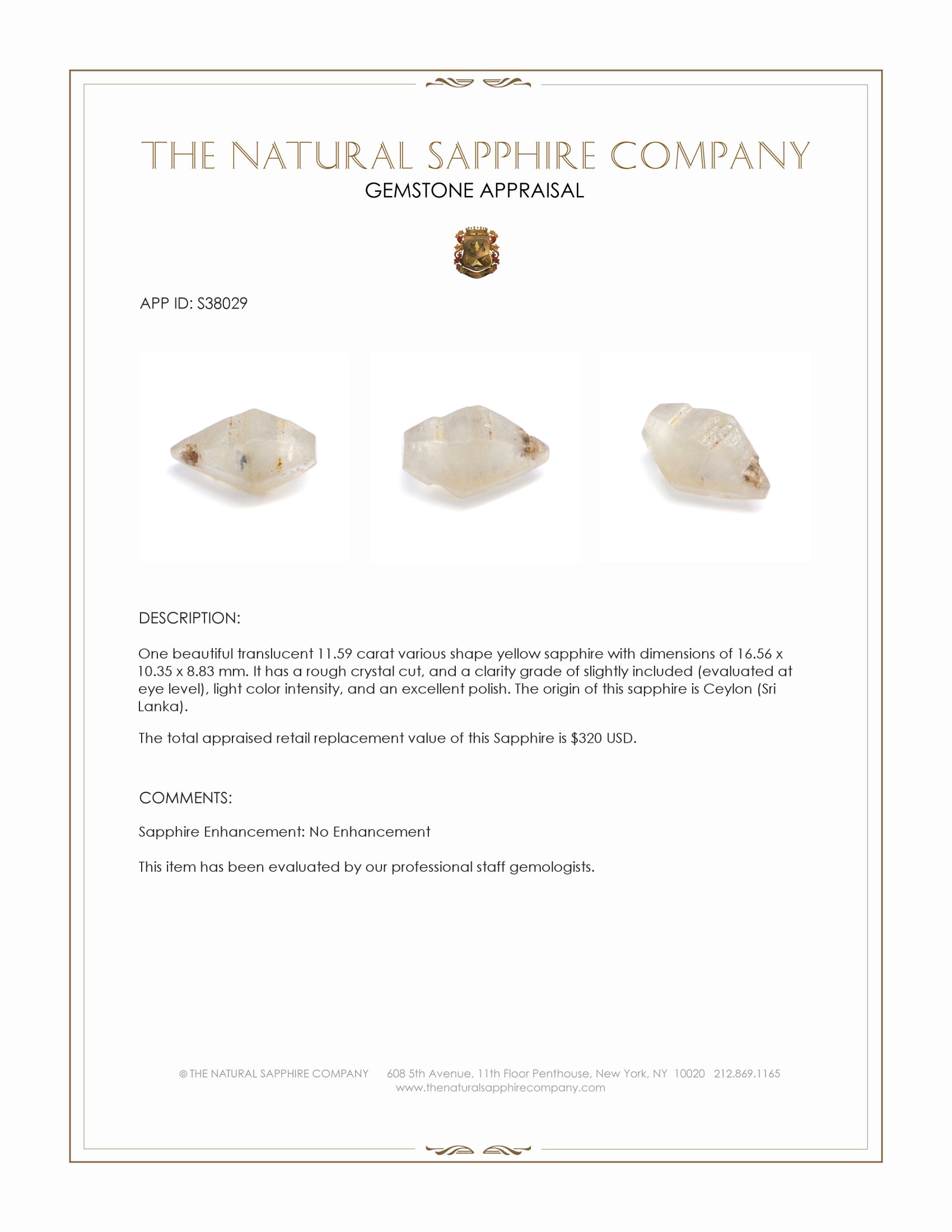 11.59 Ct. Yellow Sapphire Crystal from Ceylon (Sri Lanka)