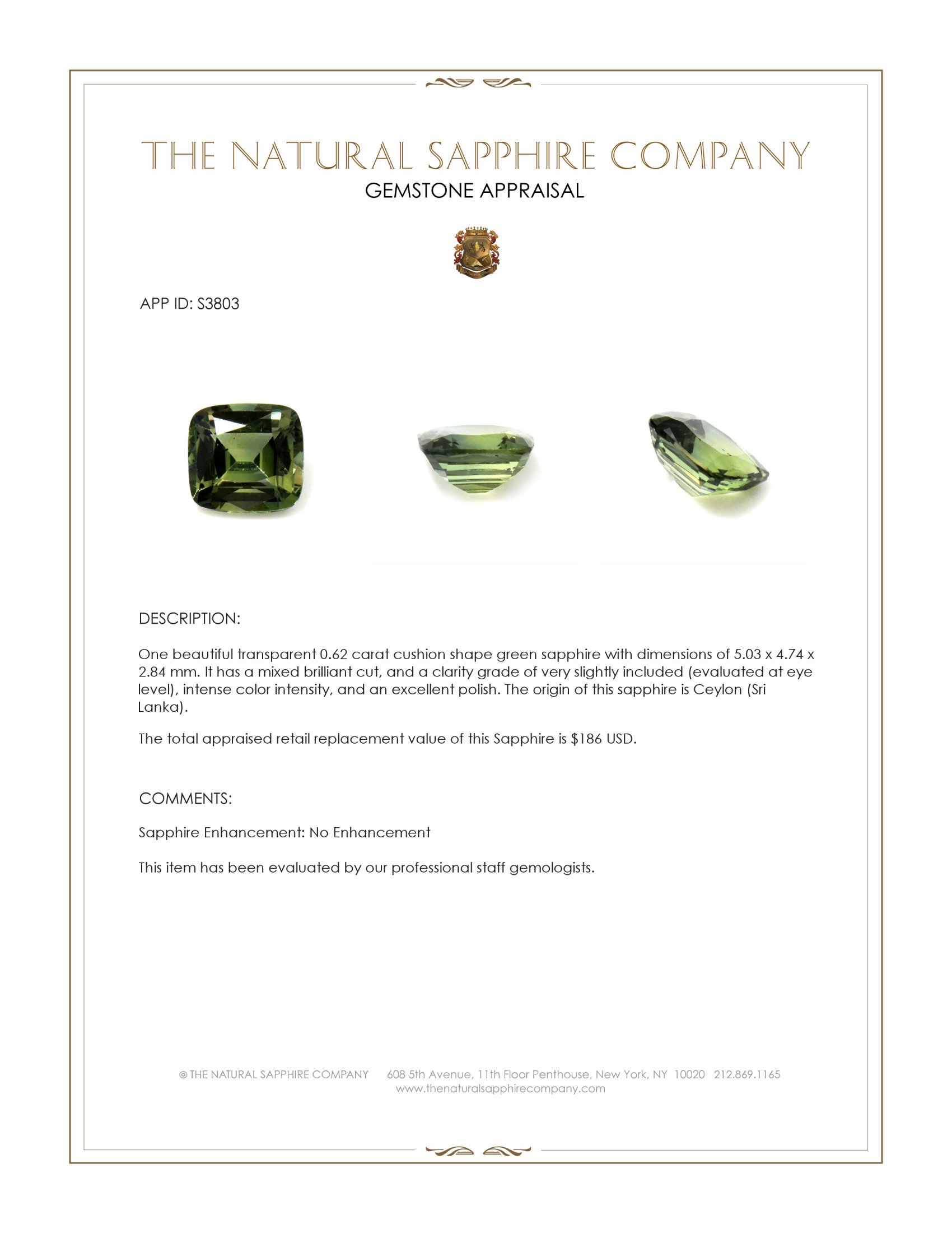 0.62 Ct. Green Sapphire from Ceylon (Sri Lanka)
