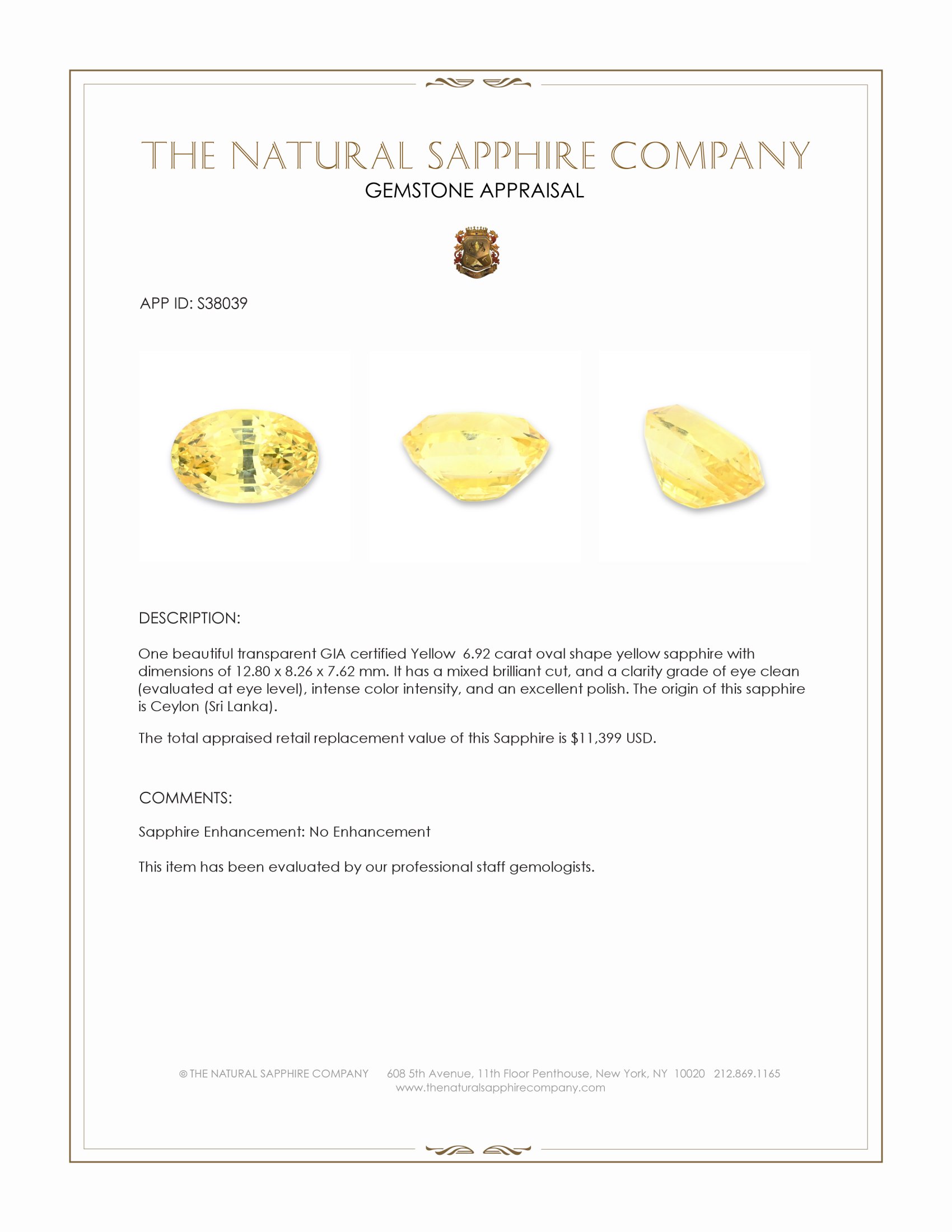 6.92 Ct. Yellow Sapphire from Ceylon (Sri Lanka)