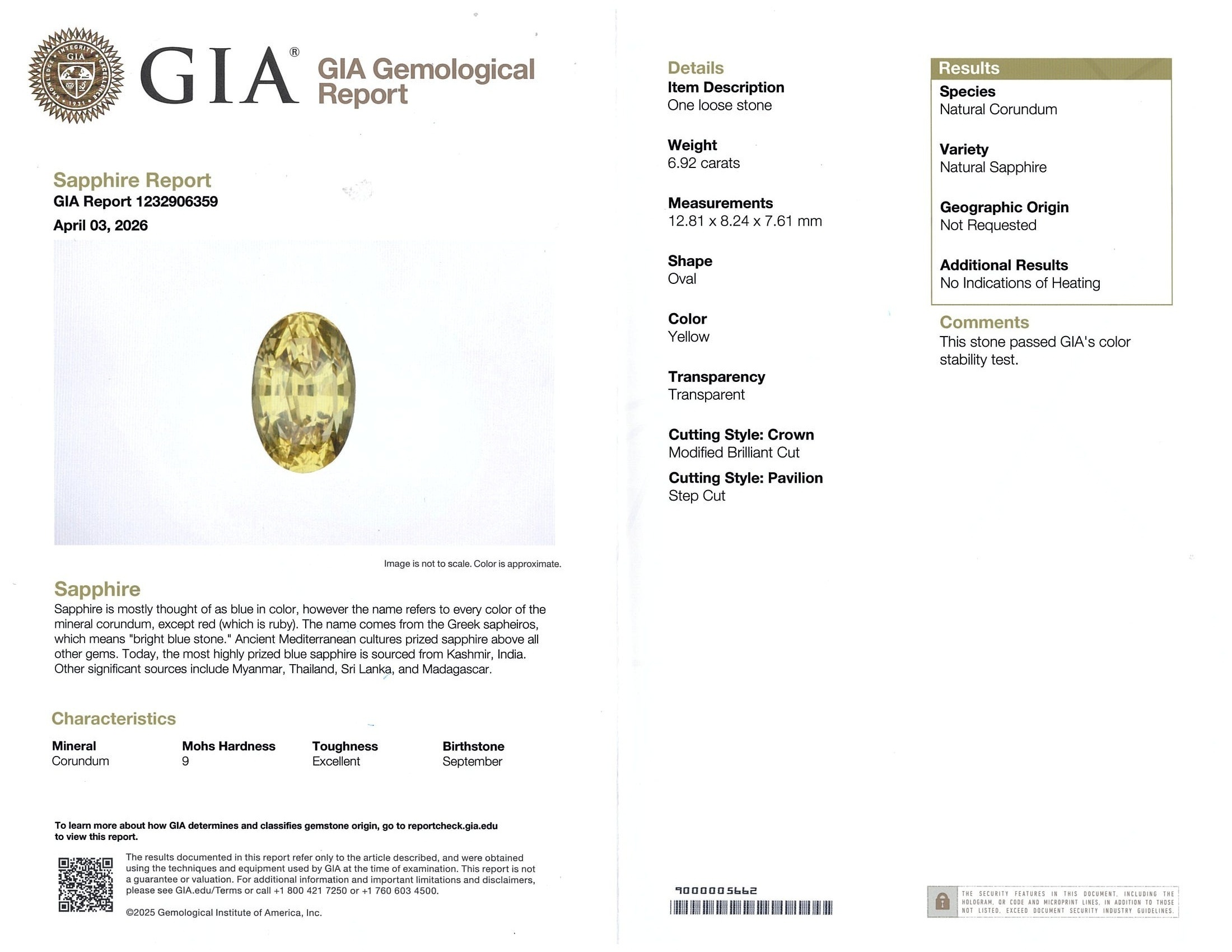 6.92 Ct. Yellow Sapphire from Ceylon (Sri Lanka)