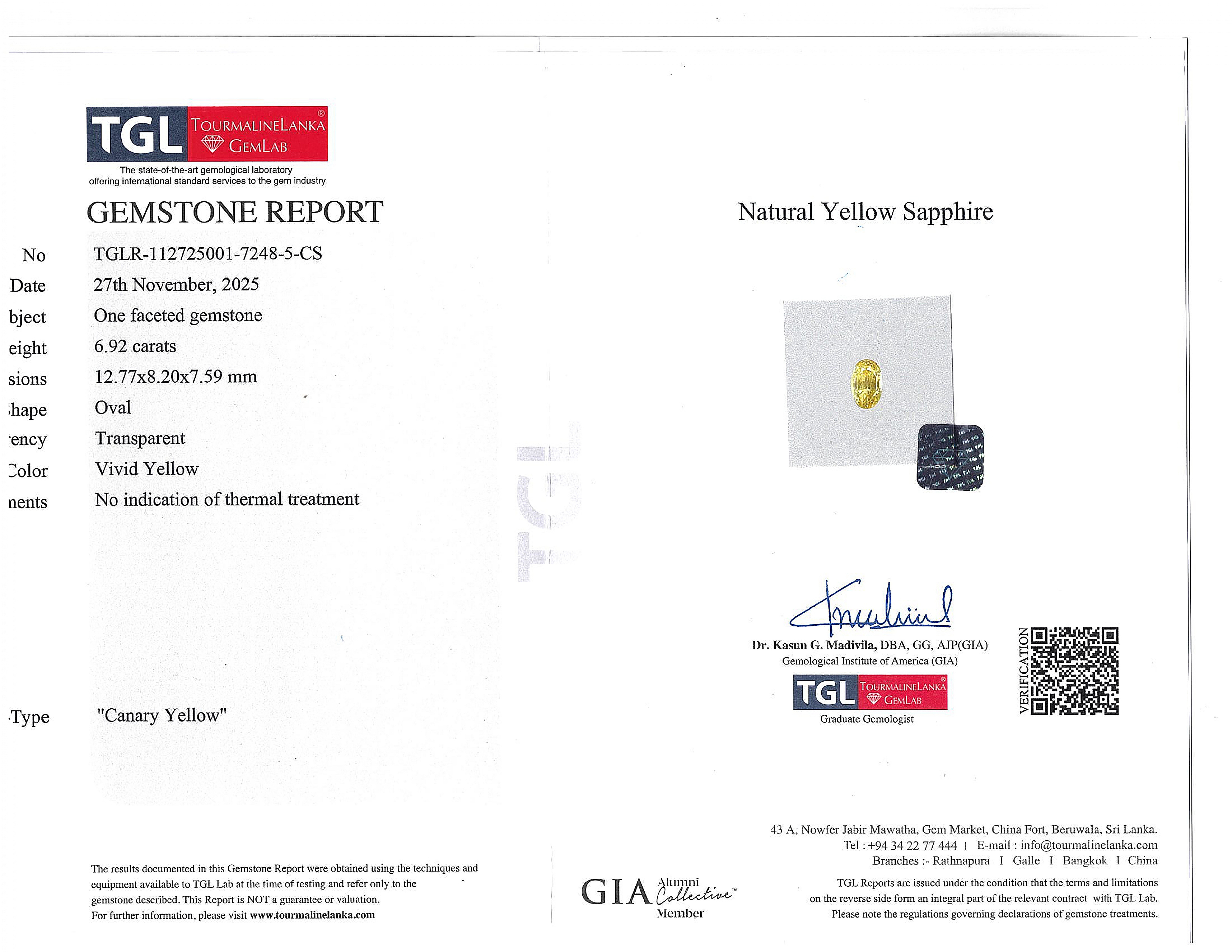 6.92 Ct. Yellow Sapphire from Ceylon (Sri Lanka)