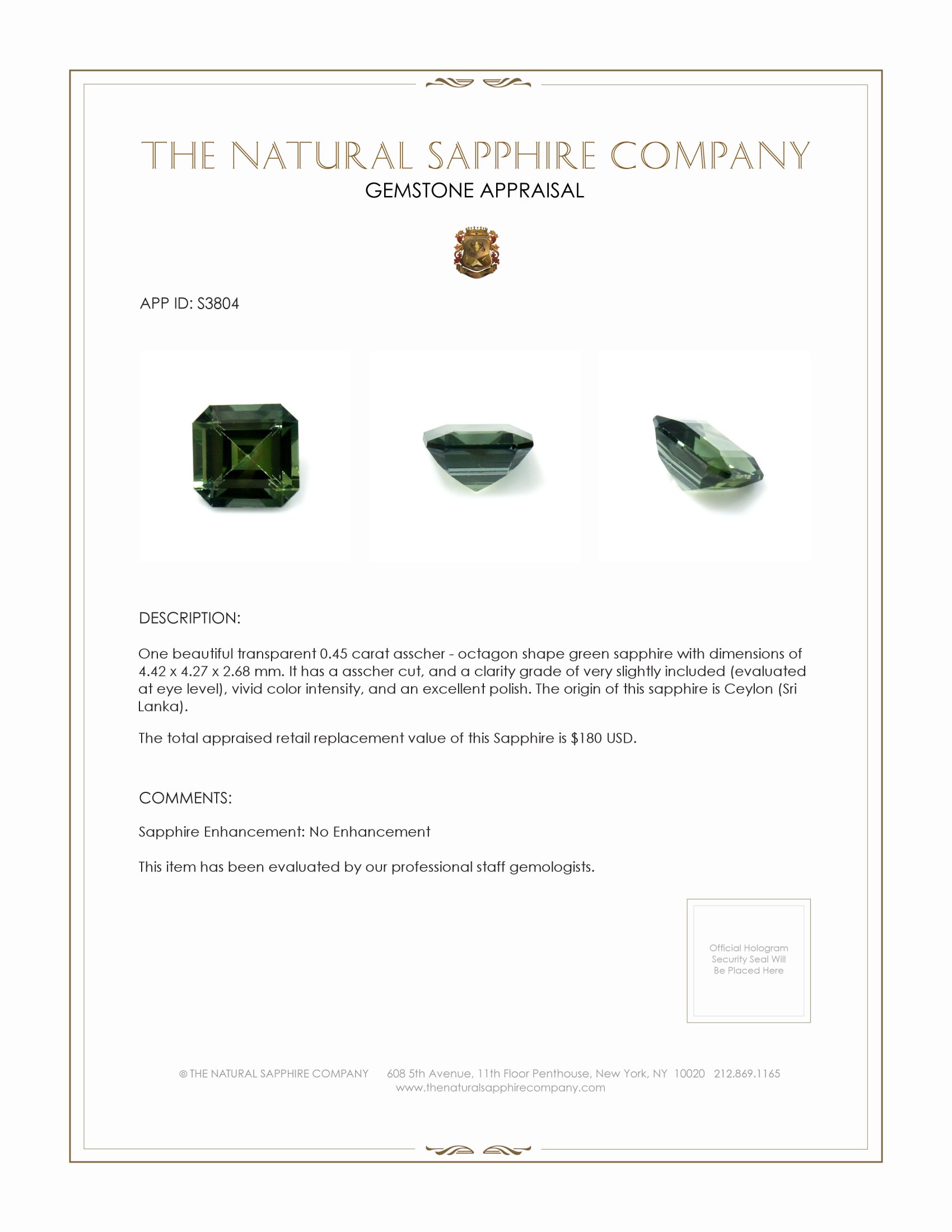 0.45 Ct. Green Sapphire from Ceylon (Sri Lanka)