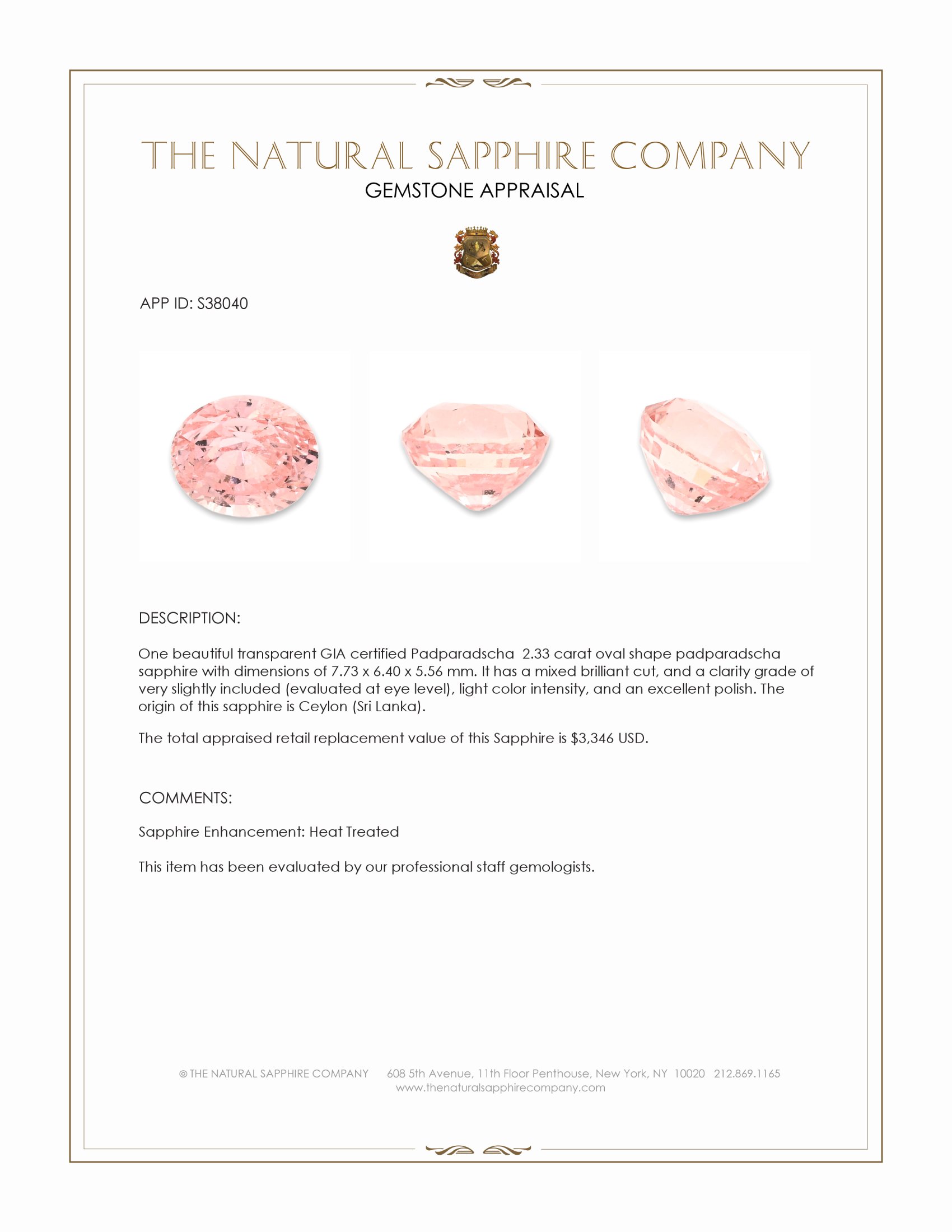 2.33 Ct. Padparadscha Sapphire from Ceylon (Sri Lanka)