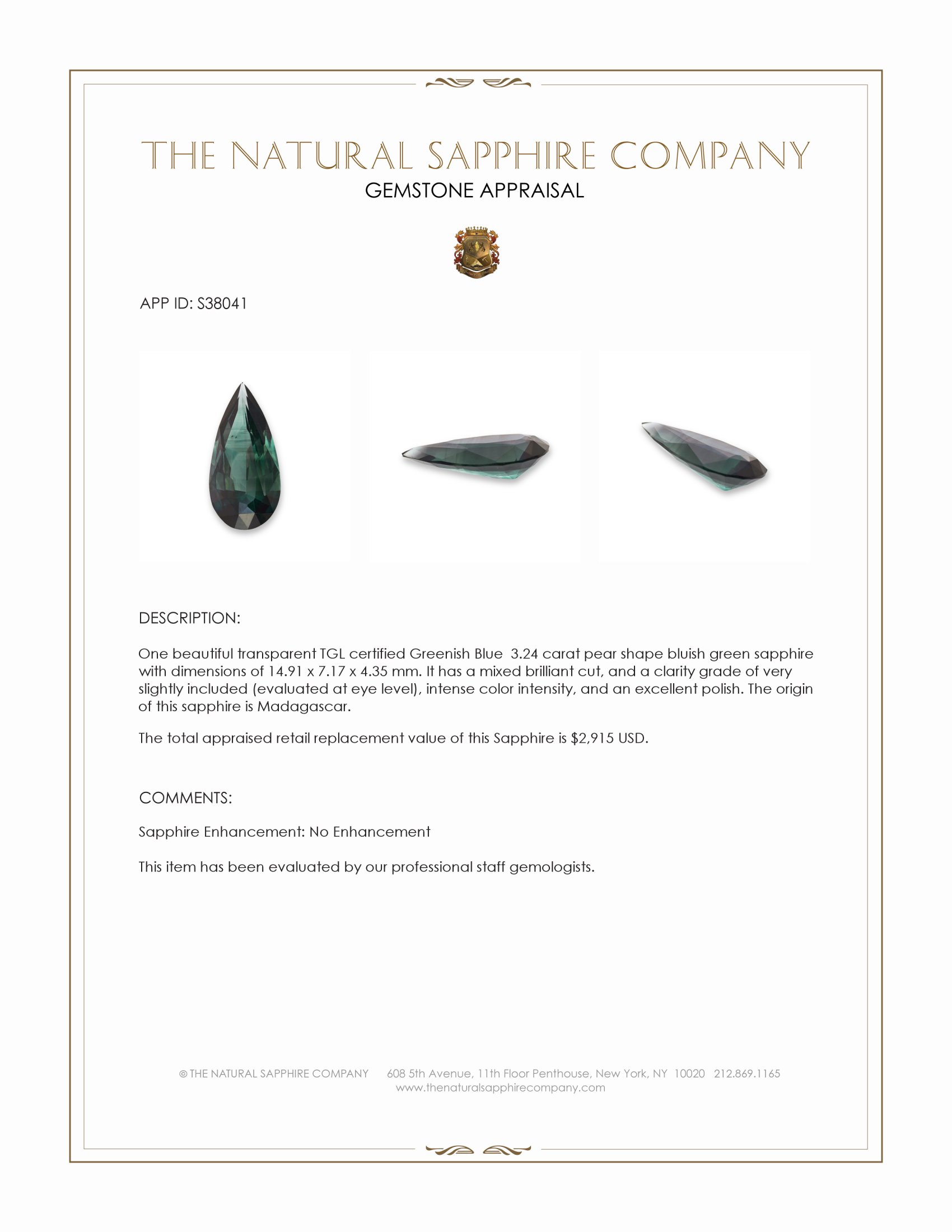 3.24 Ct. Bluish Green Sapphire from Madagascar
