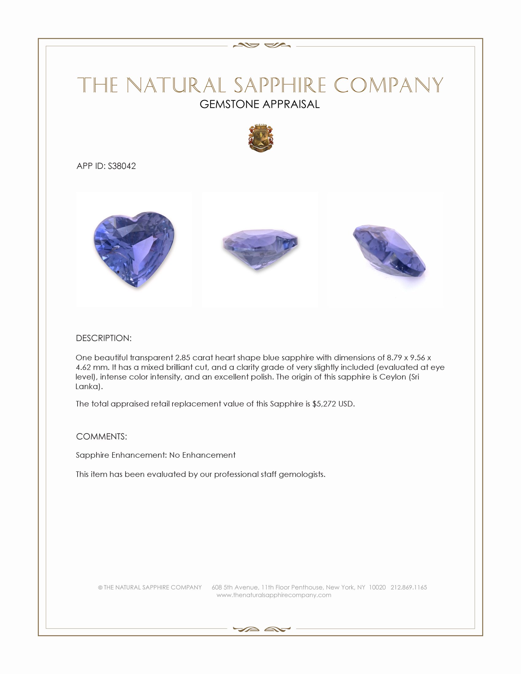 2.85 Ct. Blue Sapphire from Ceylon (Sri Lanka)