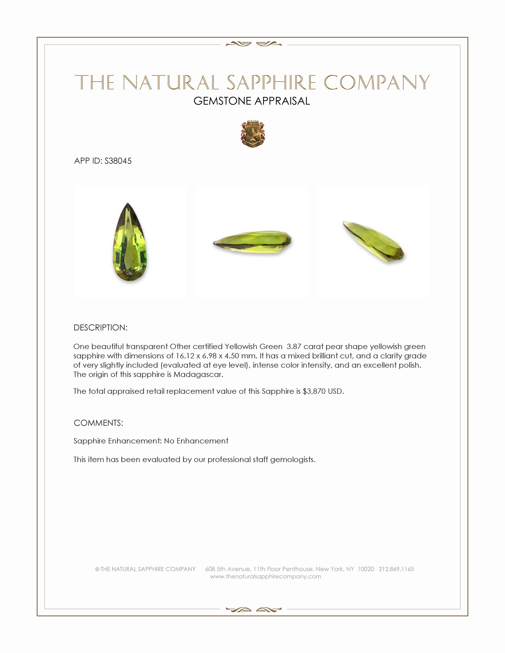 3.87 Ct. Yellowish Green Sapphire from Madagascar