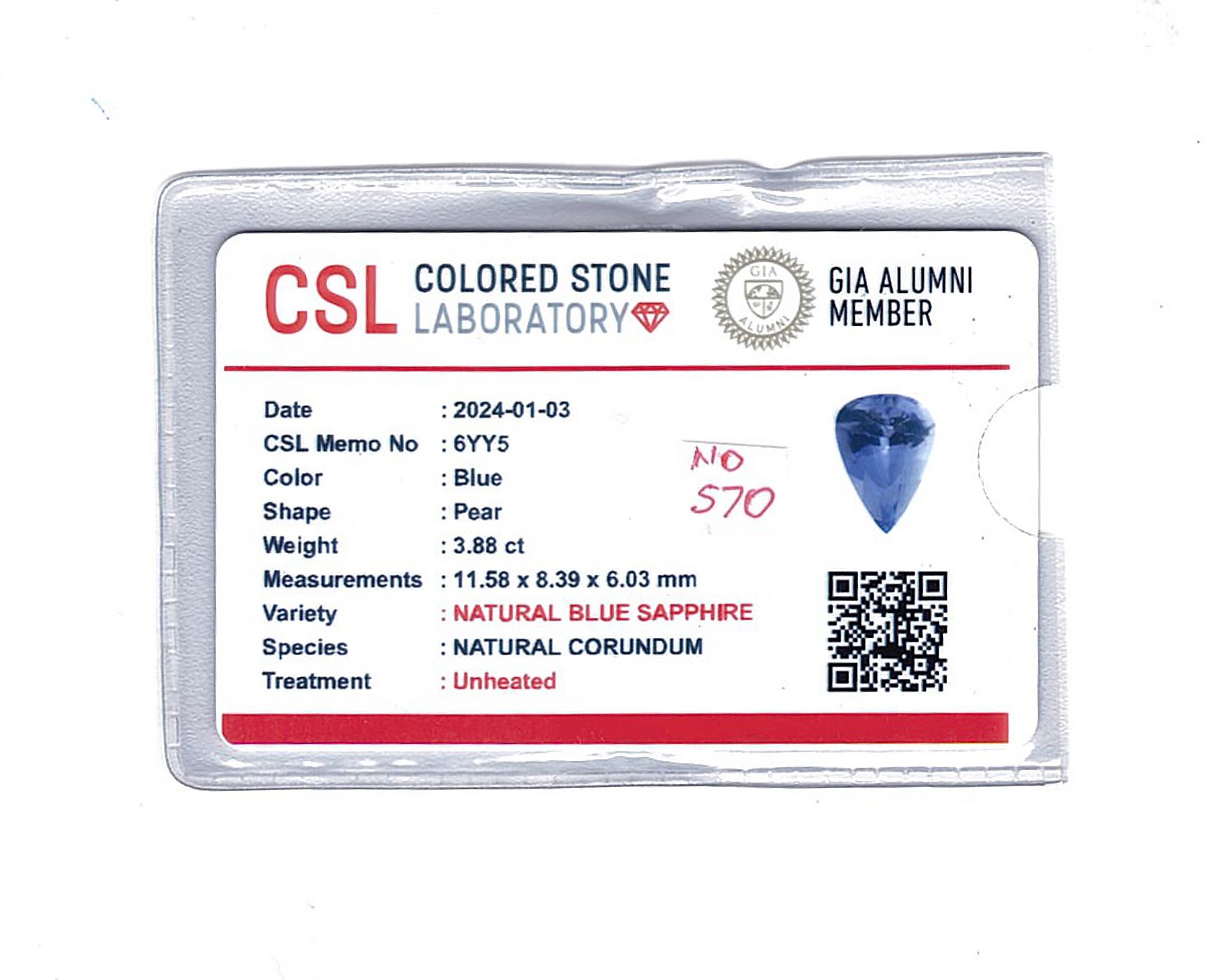 3.88 Ct. Blue Sapphire from Ceylon (Sri Lanka)