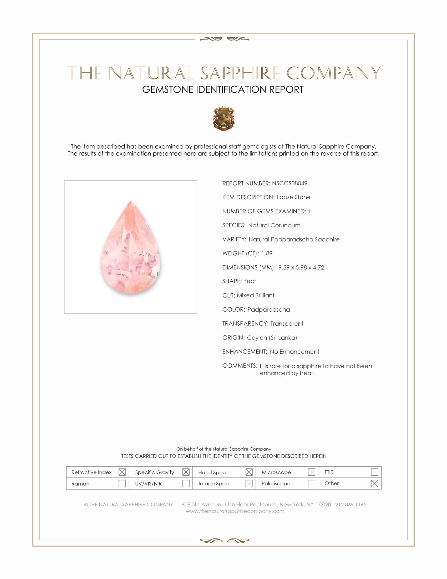1.89 Ct. Peach Sapphire from Ceylon (Sri Lanka)