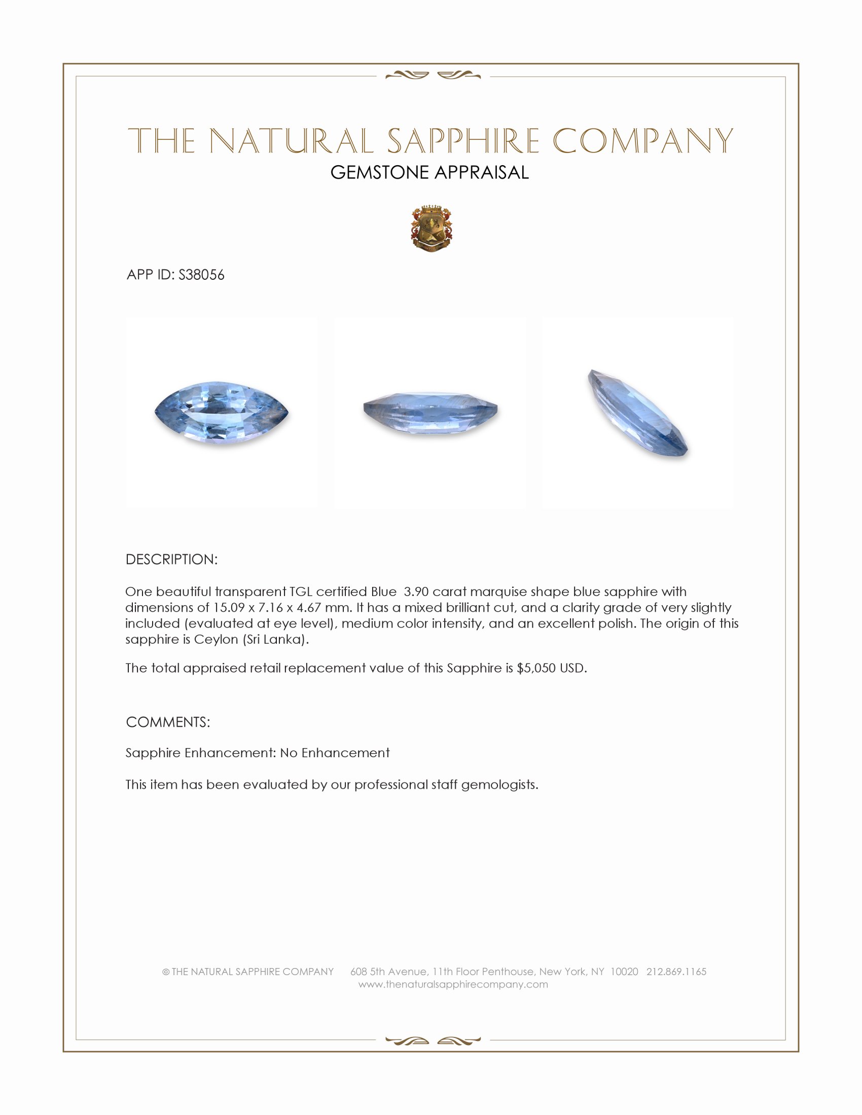 3.90 Ct. Blue Sapphire from Ceylon (Sri Lanka)