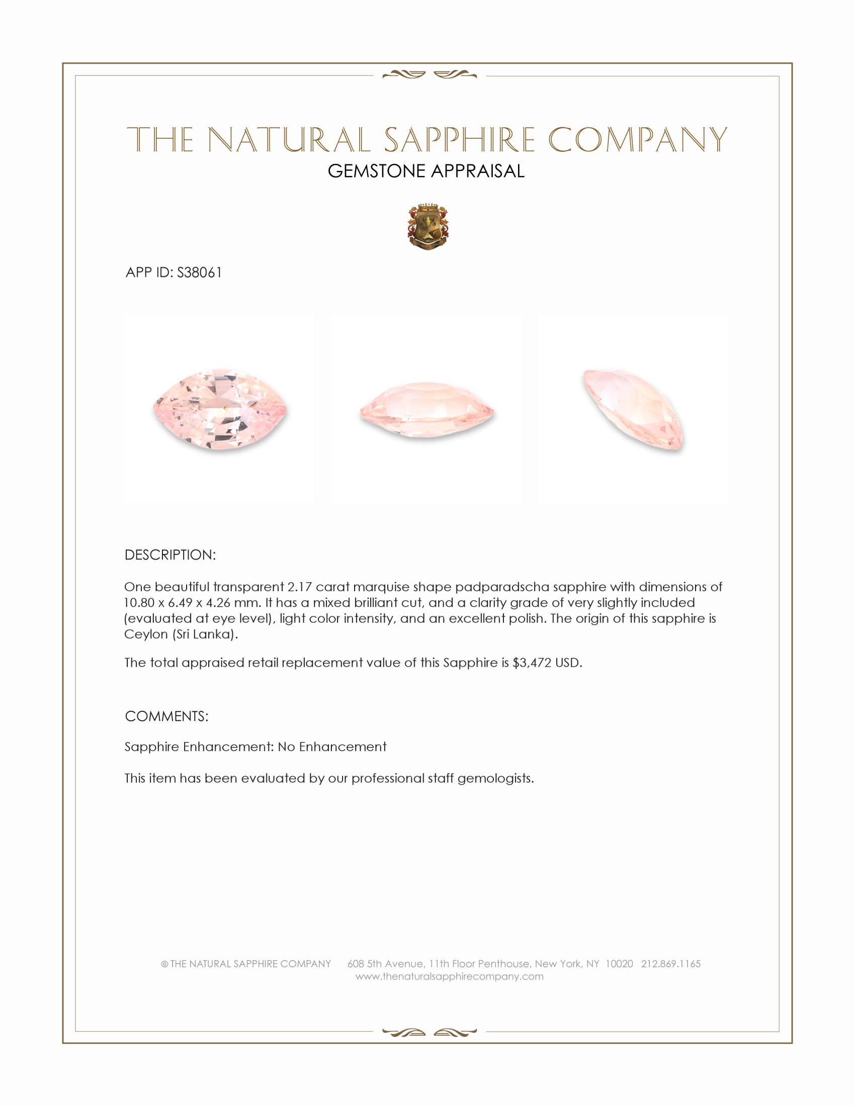 2.17 Ct. Padparadscha Sapphire from Ceylon (Sri Lanka)