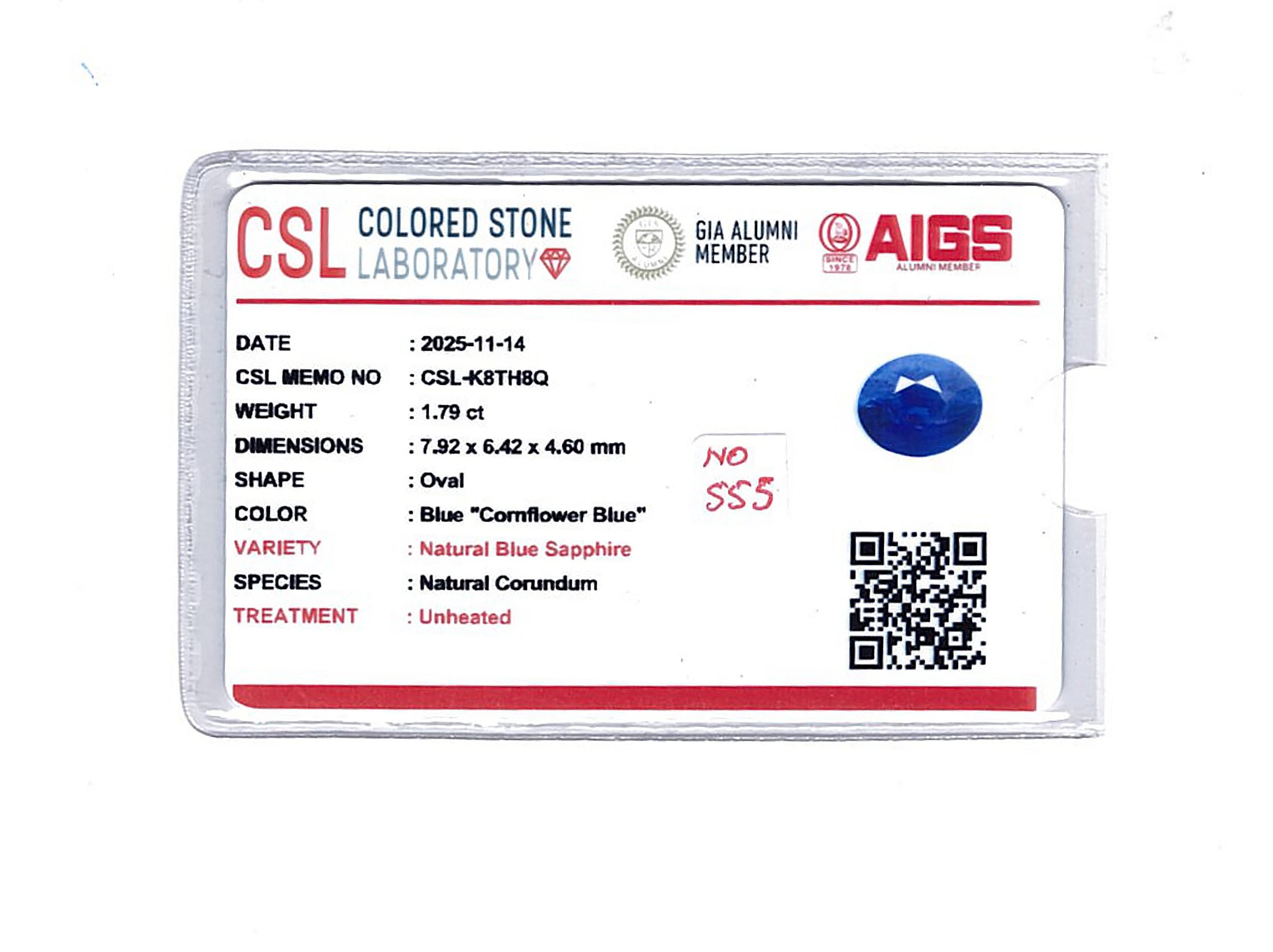 1.79 Ct. Blue Sapphire from Ceylon (Sri Lanka)