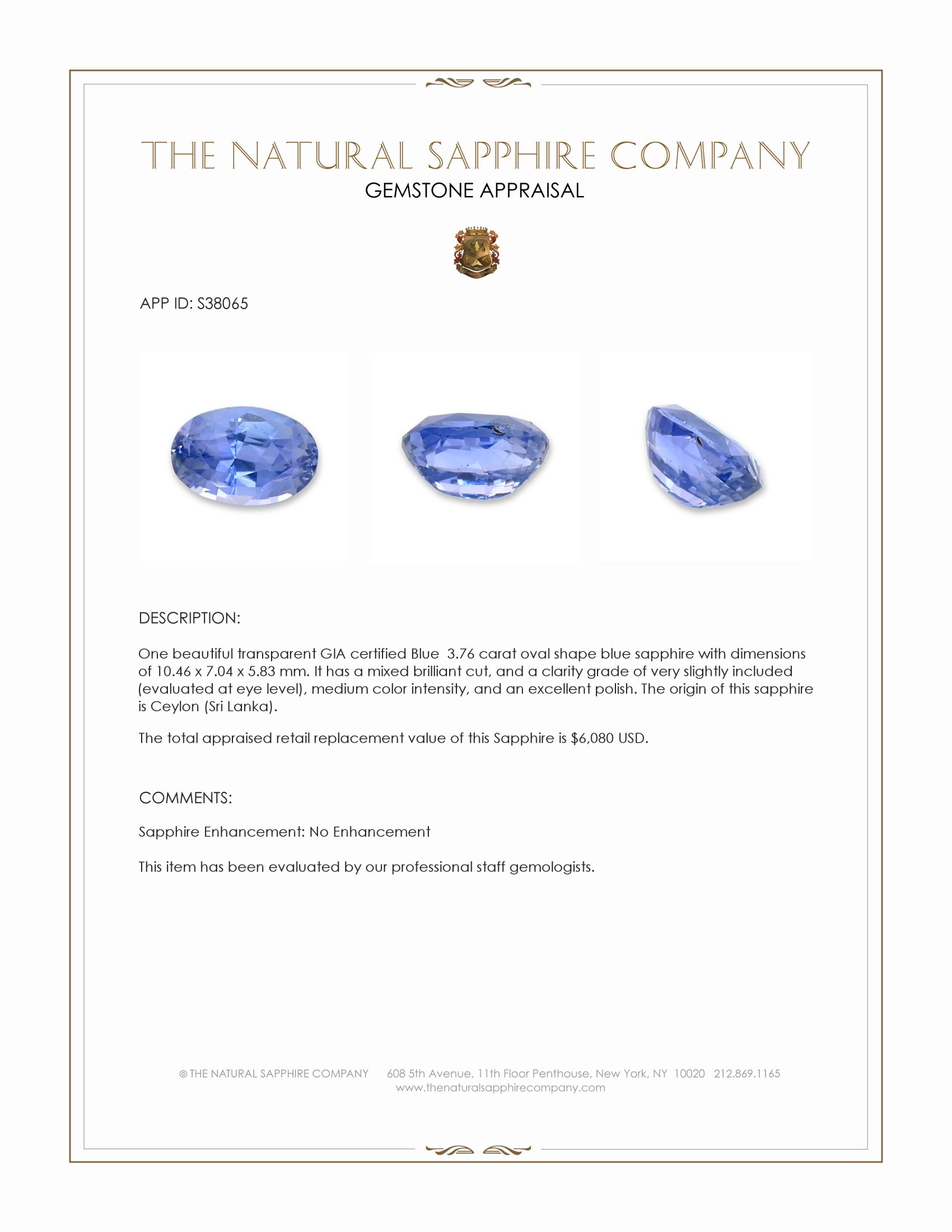 3.76 Ct. Blue Sapphire from Ceylon (Sri Lanka)