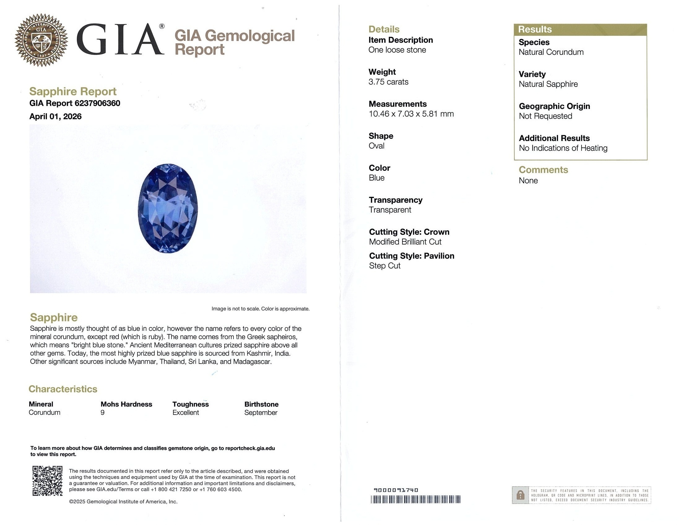 3.76 Ct. Blue Sapphire from Ceylon (Sri Lanka)