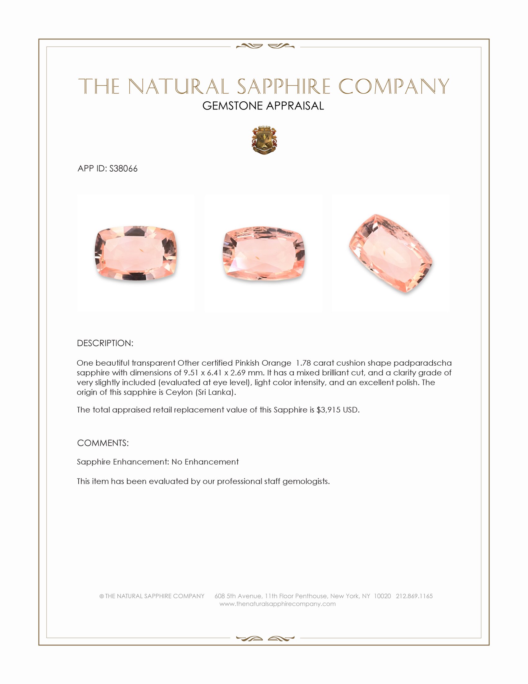 1.78 Ct. Padparadscha Sapphire from Ceylon (Sri Lanka)