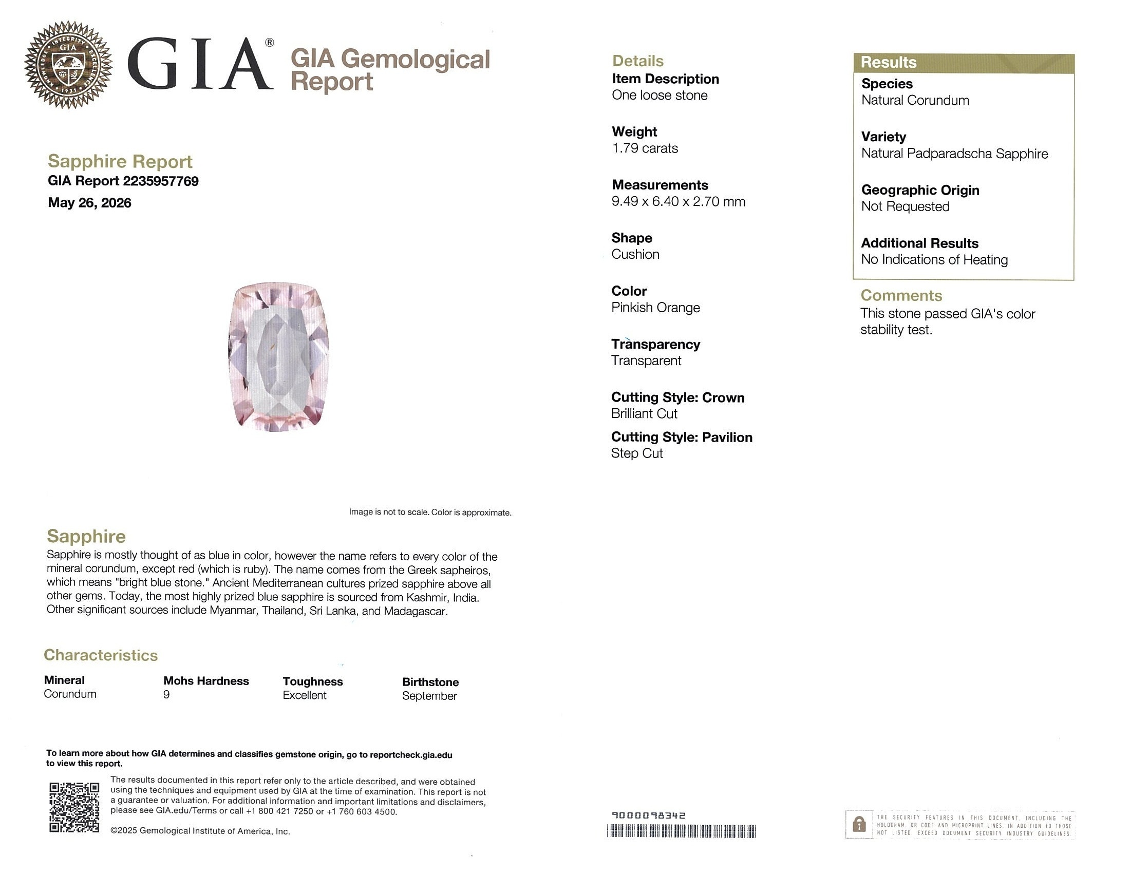 1.79 Ct. Padparadscha Sapphire from Ceylon (Sri Lanka)
