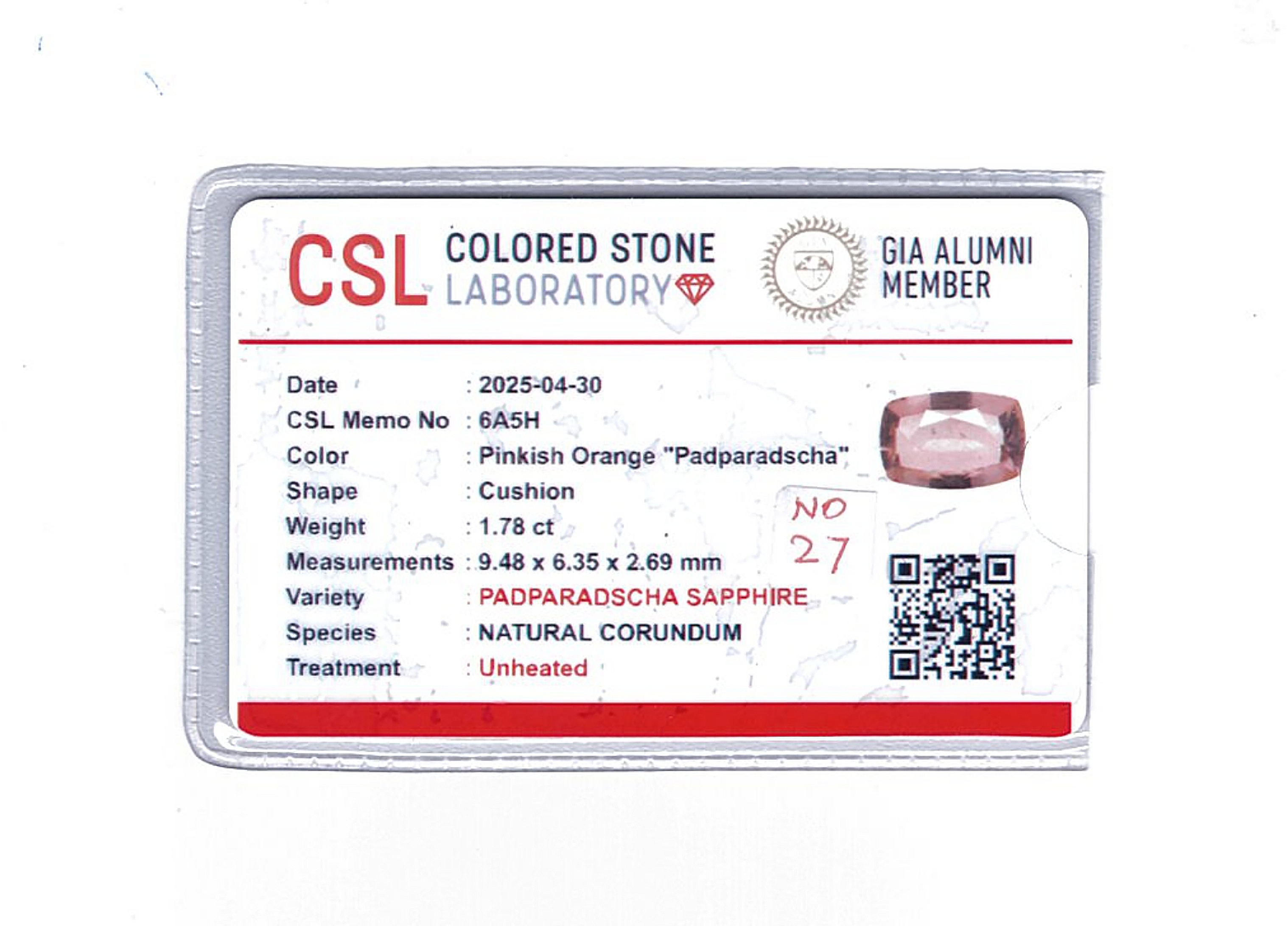 1.78 Ct. Padparadscha Sapphire from Ceylon (Sri Lanka)