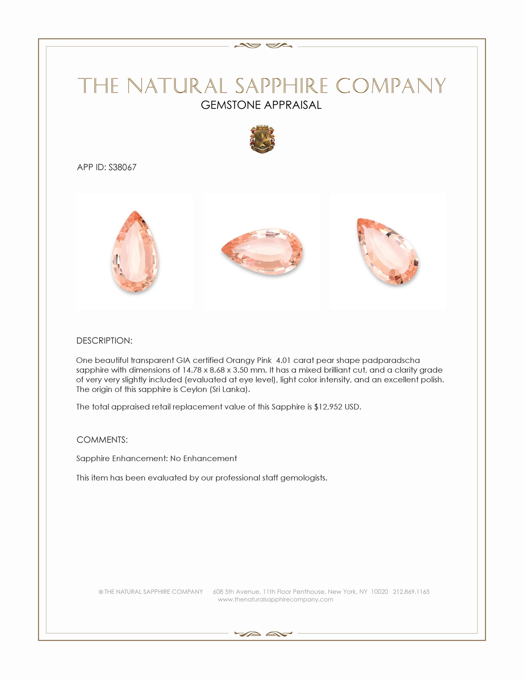 4.01 Ct. Padparadscha Sapphire from Ceylon (Sri Lanka)