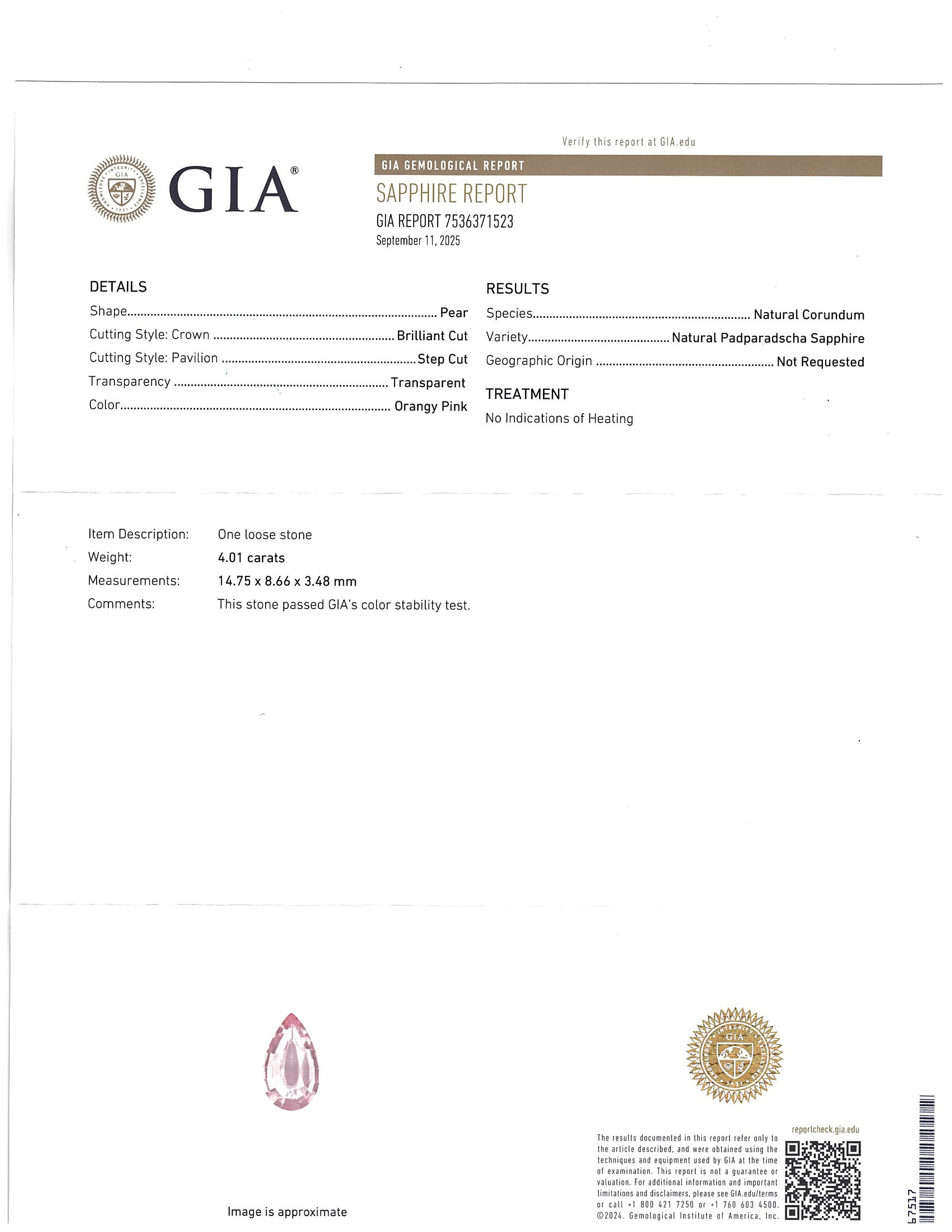 4.01 Ct. Padparadscha Sapphire from Ceylon (Sri Lanka)