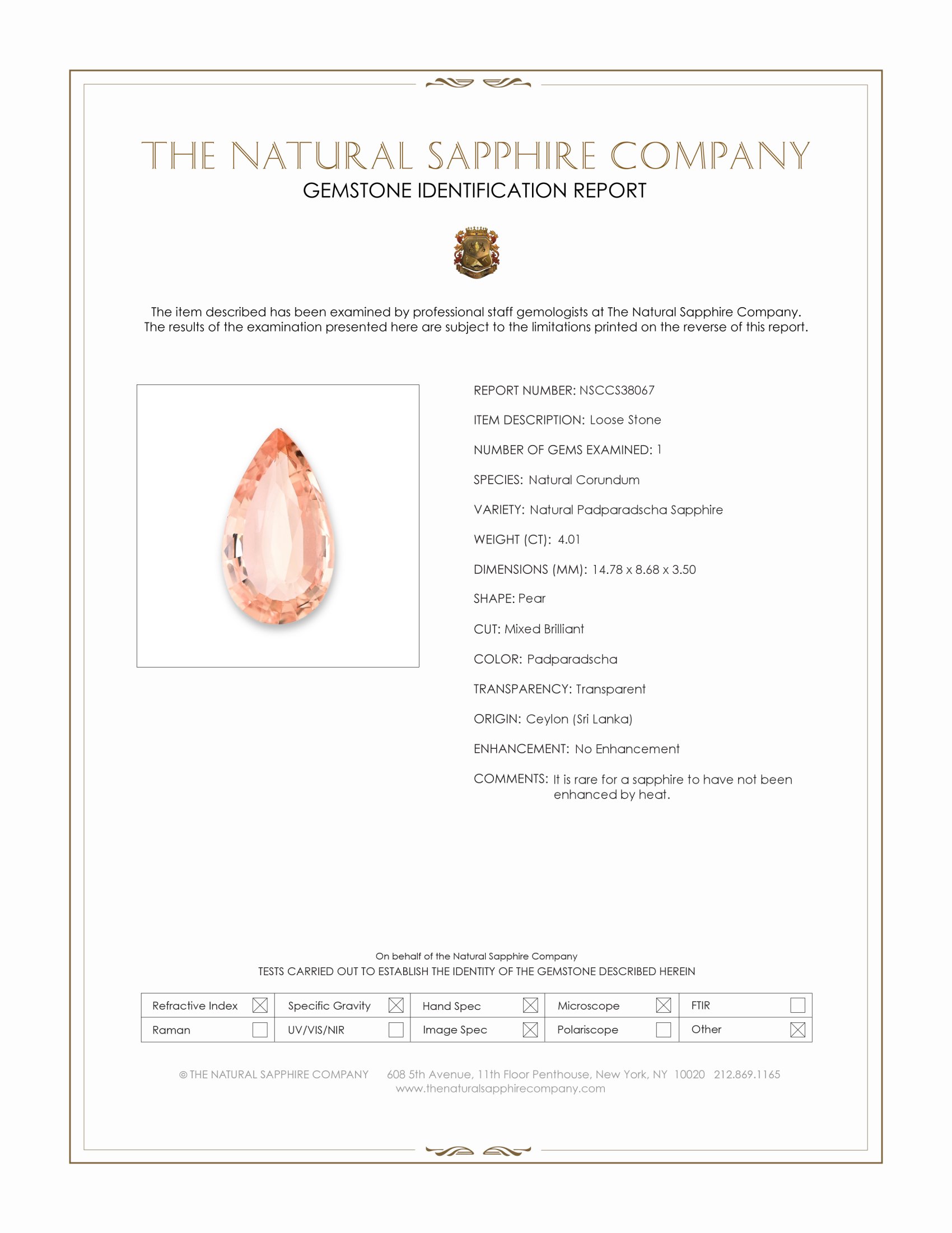 4.01 Ct. Padparadscha Sapphire from Ceylon (Sri Lanka)