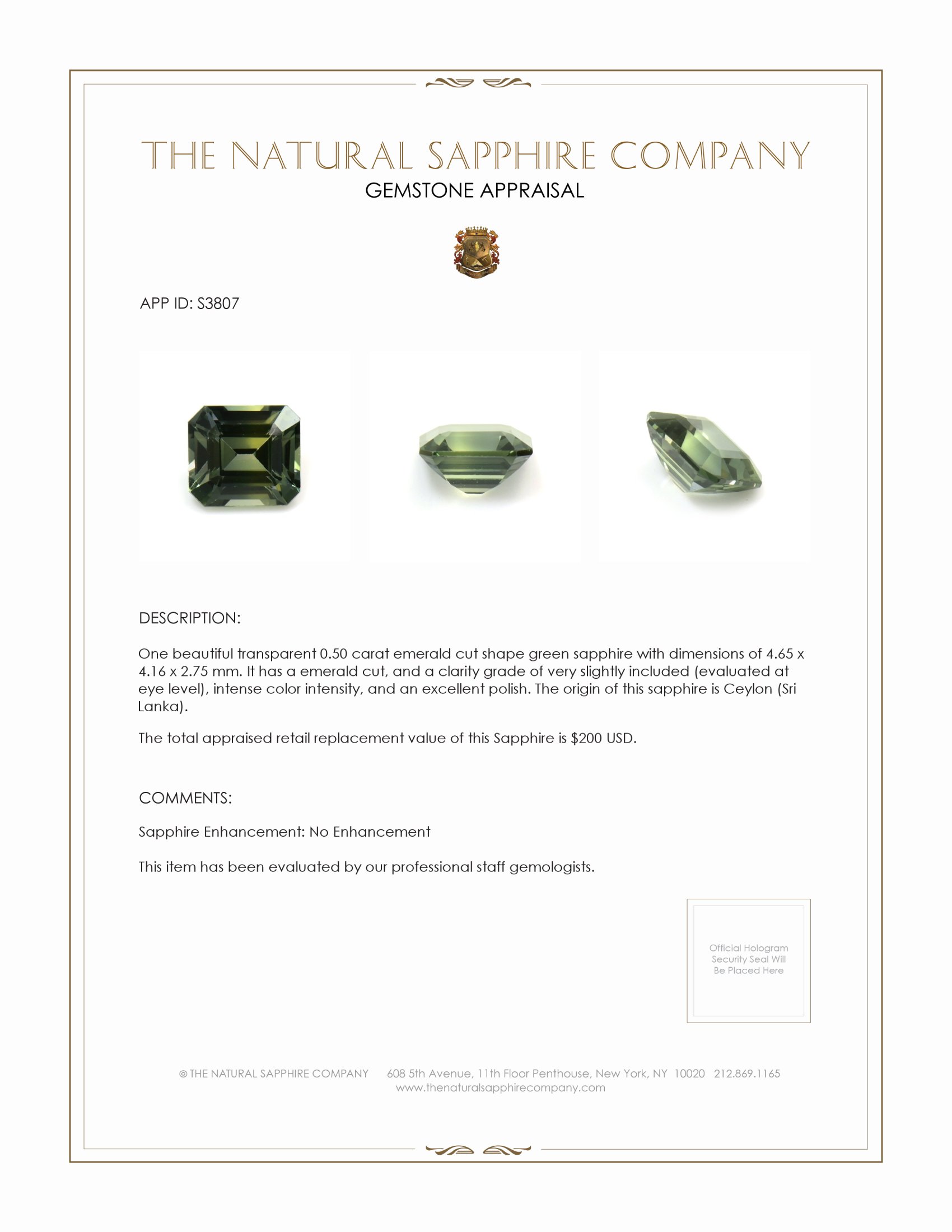 0.50 Ct. Green Sapphire from Ceylon (Sri Lanka)