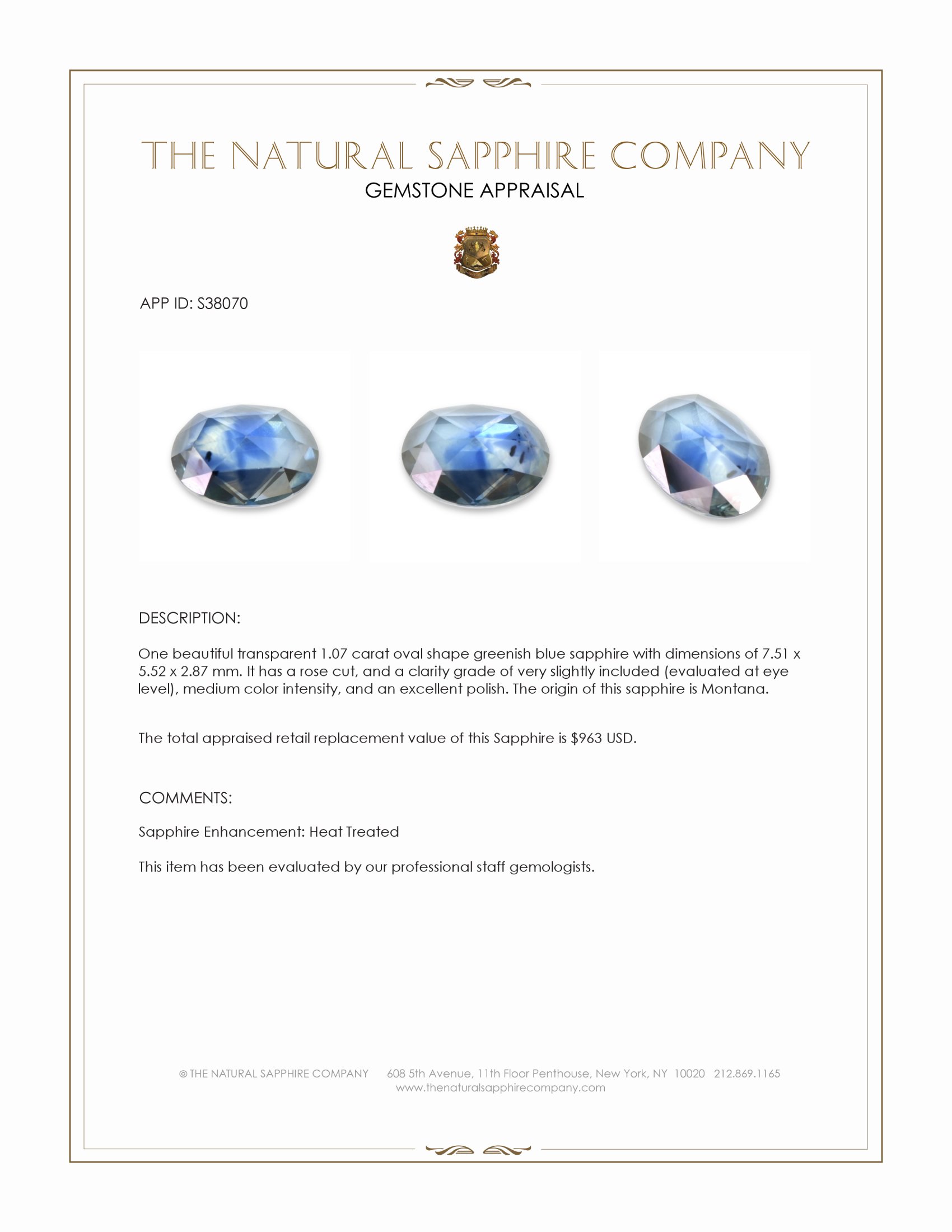 1.07 Ct. Greenish Blue Sapphire from Montana