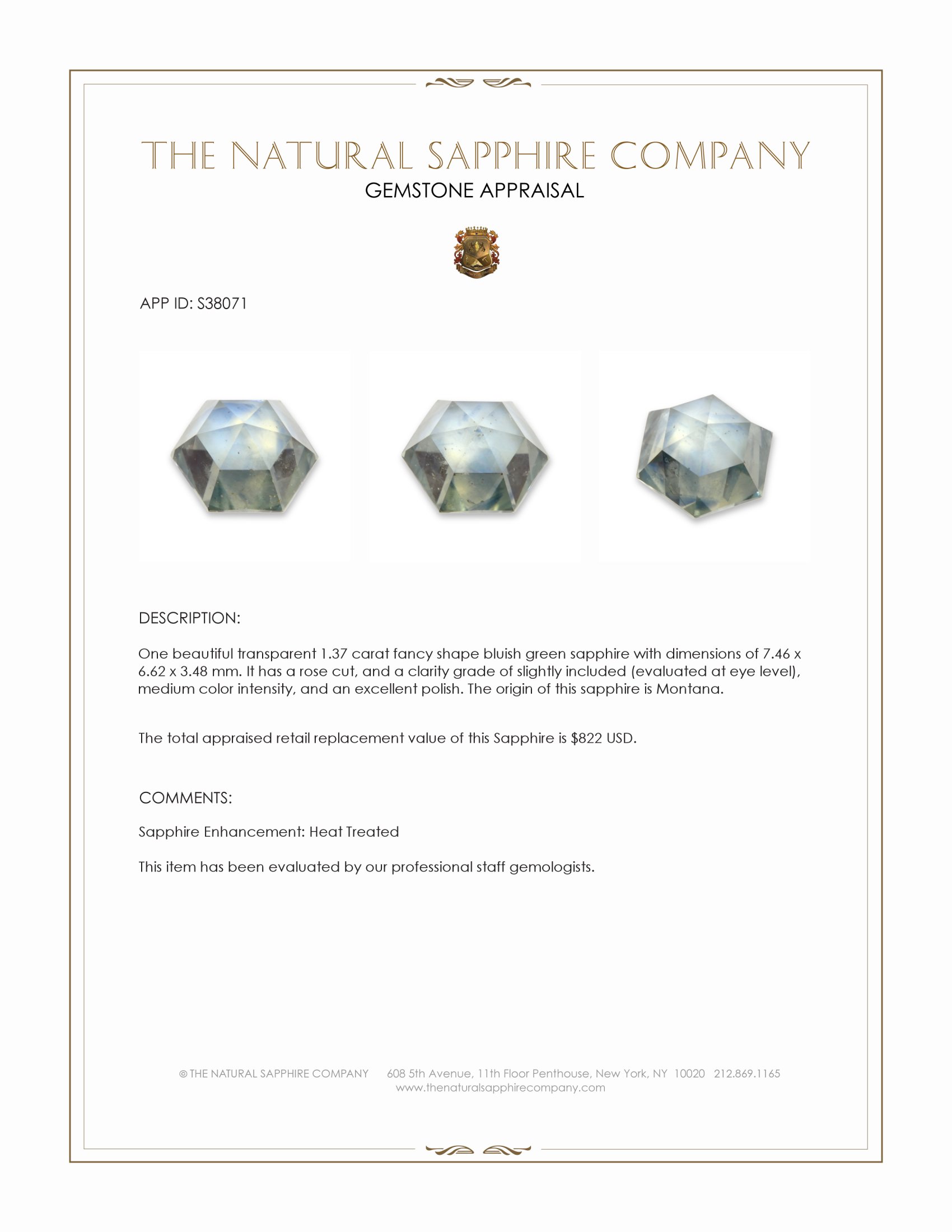 1.37 Ct. Bluish Green Sapphire from Montana