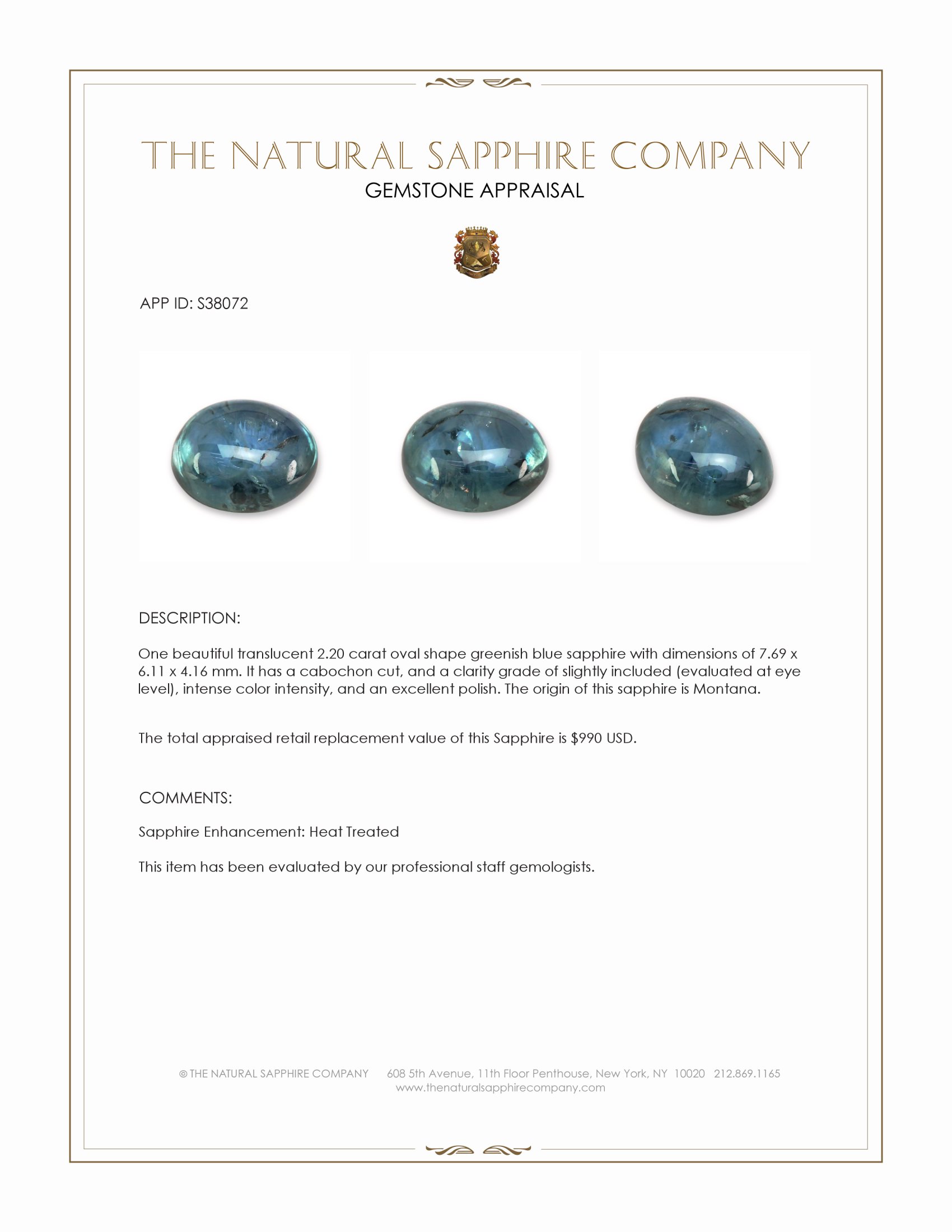 2.20 Ct. Greenish Blue Cabochon Sapphire from Montana