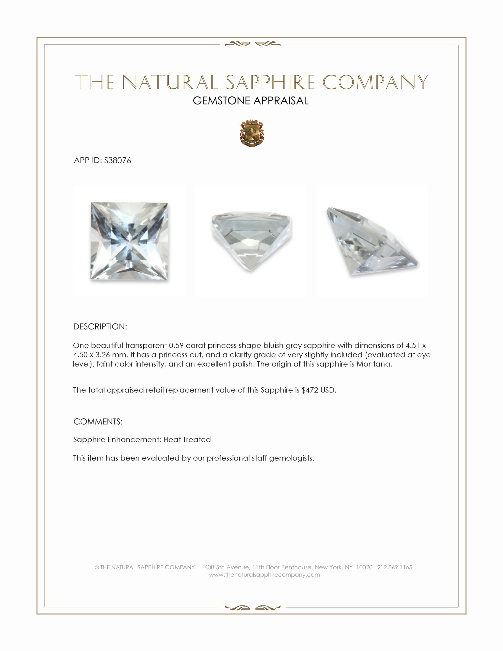 0.59 Ct. Bluish Grey Sapphire from Montana