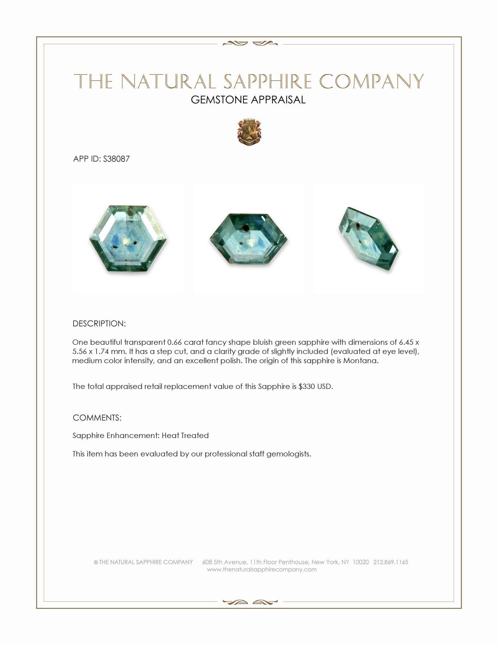 0.66 Ct. Bluish Green Sapphire from Montana