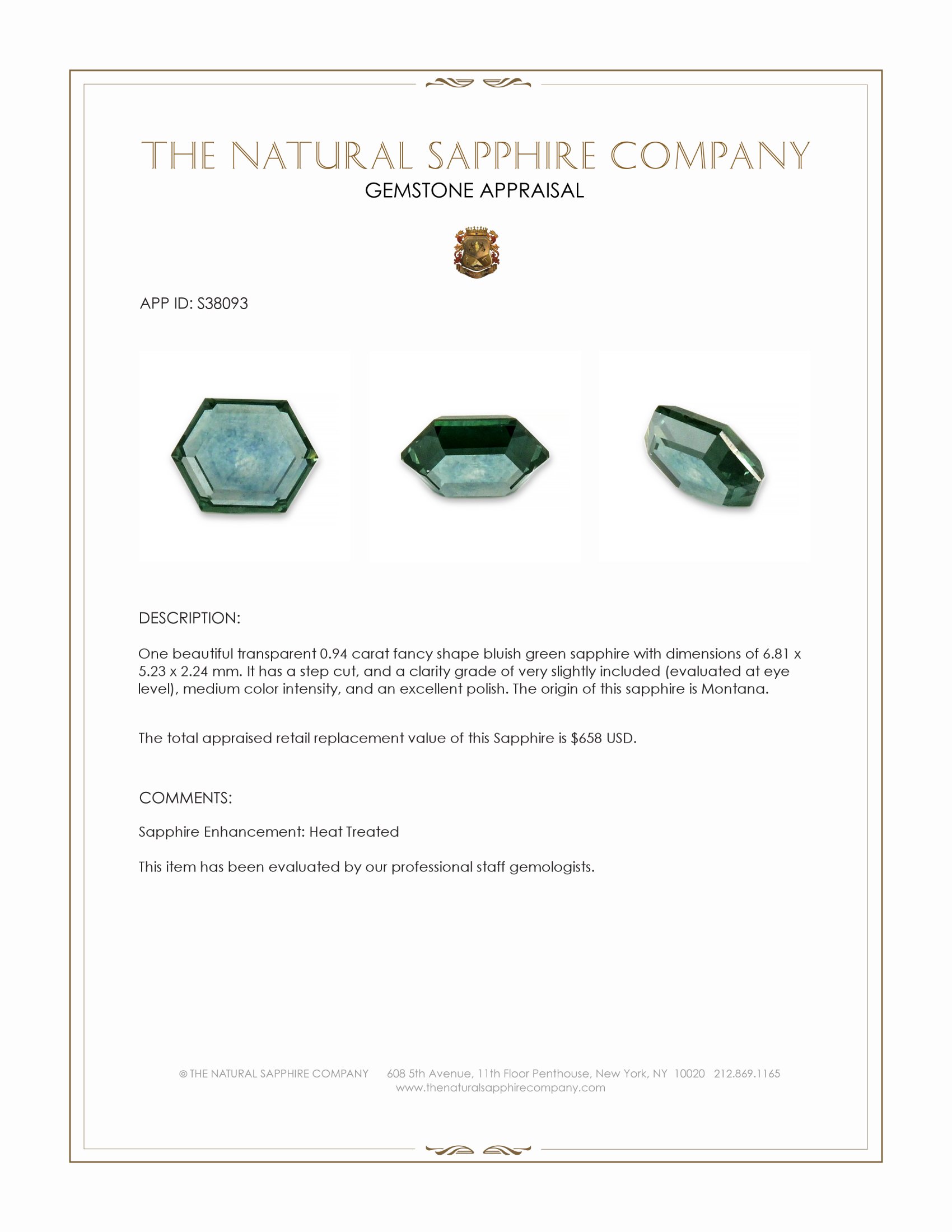0.94 Ct. Bluish Green Sapphire from Montana