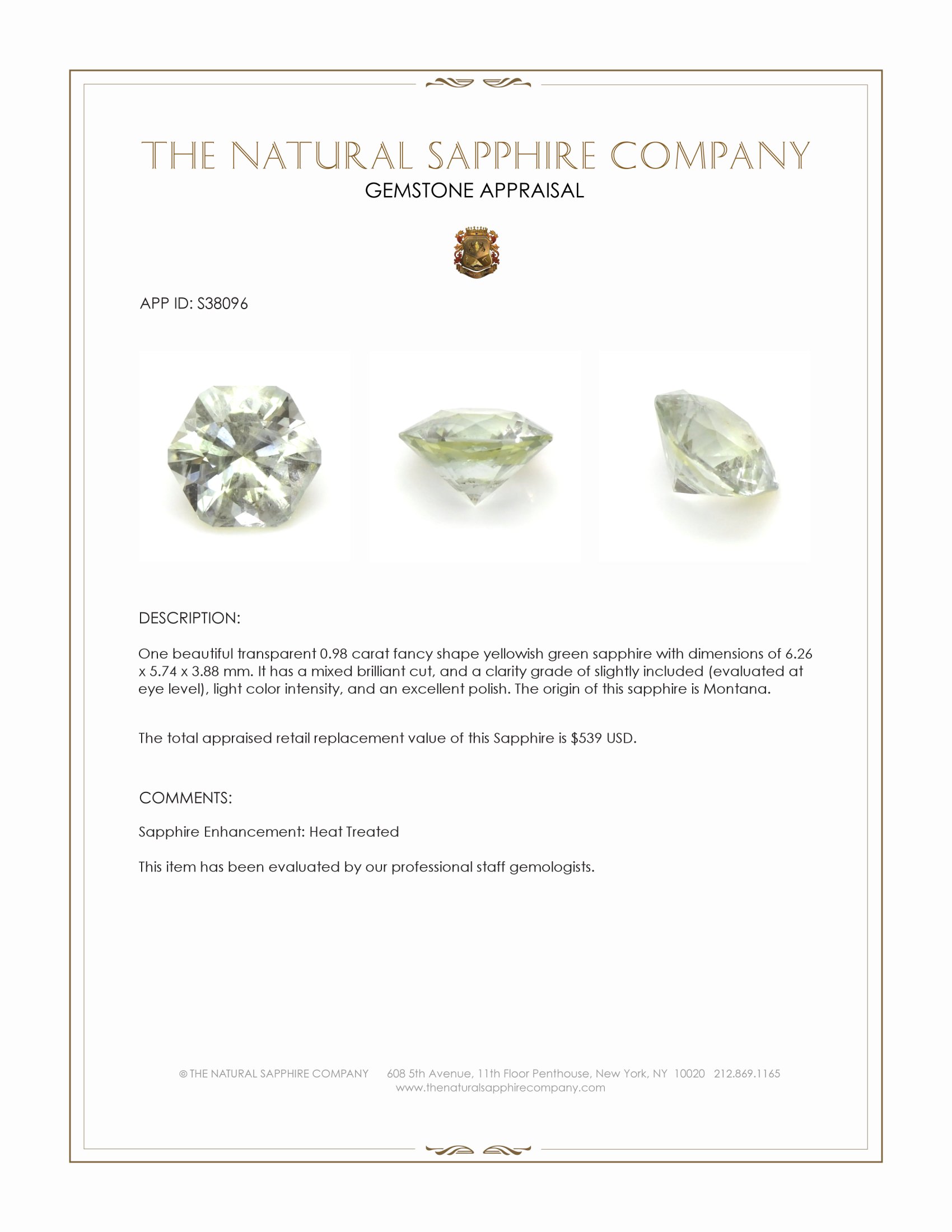 0.98 Ct. Yellowish Green Sapphire from Montana