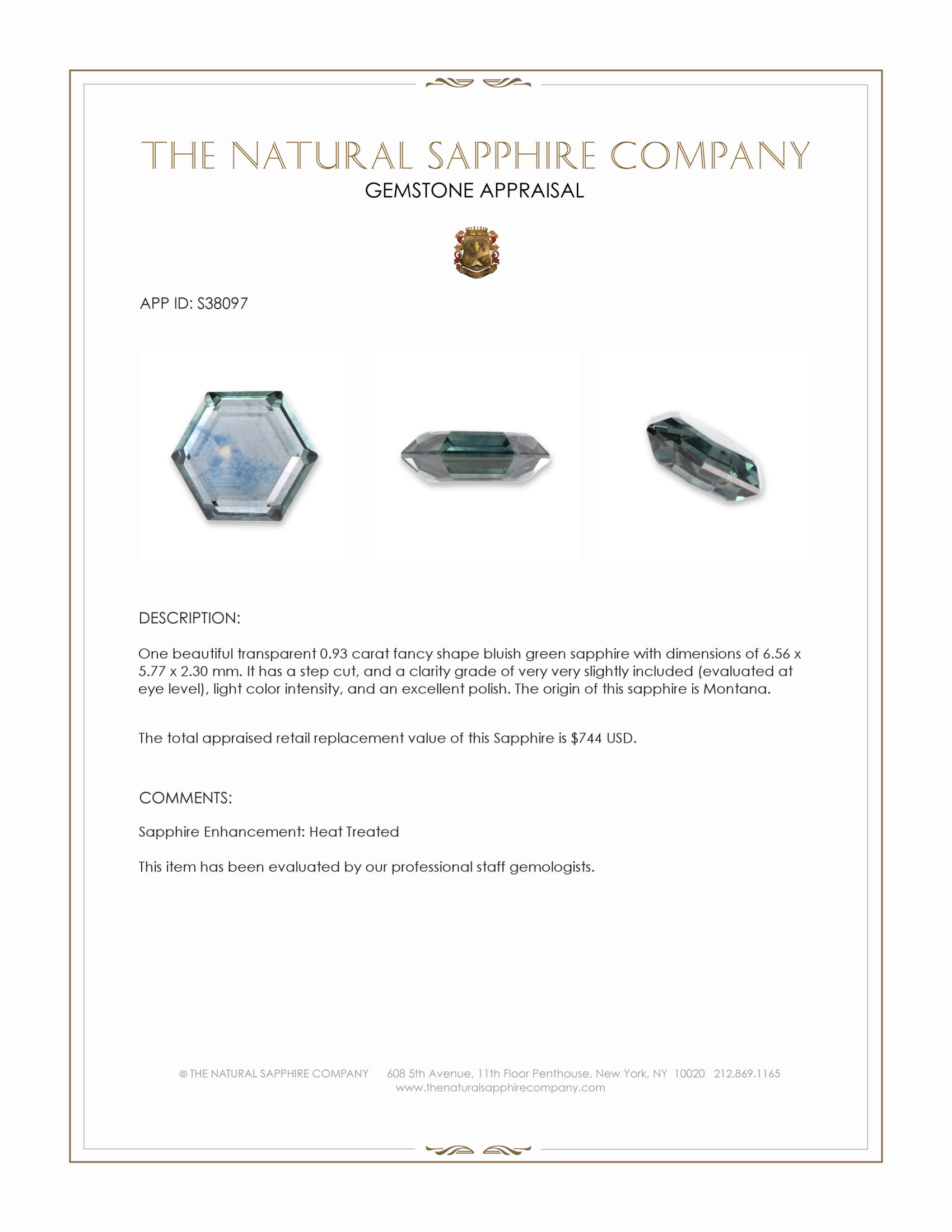 0.93 Ct. Bluish Green Sapphire from Montana