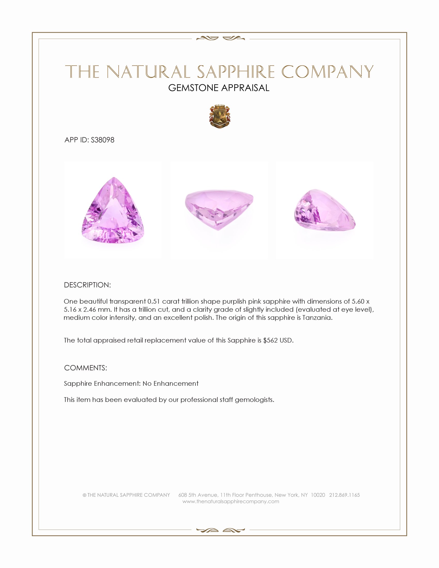 0.51 Ct. Purplish Pink Sapphire from Tanzania