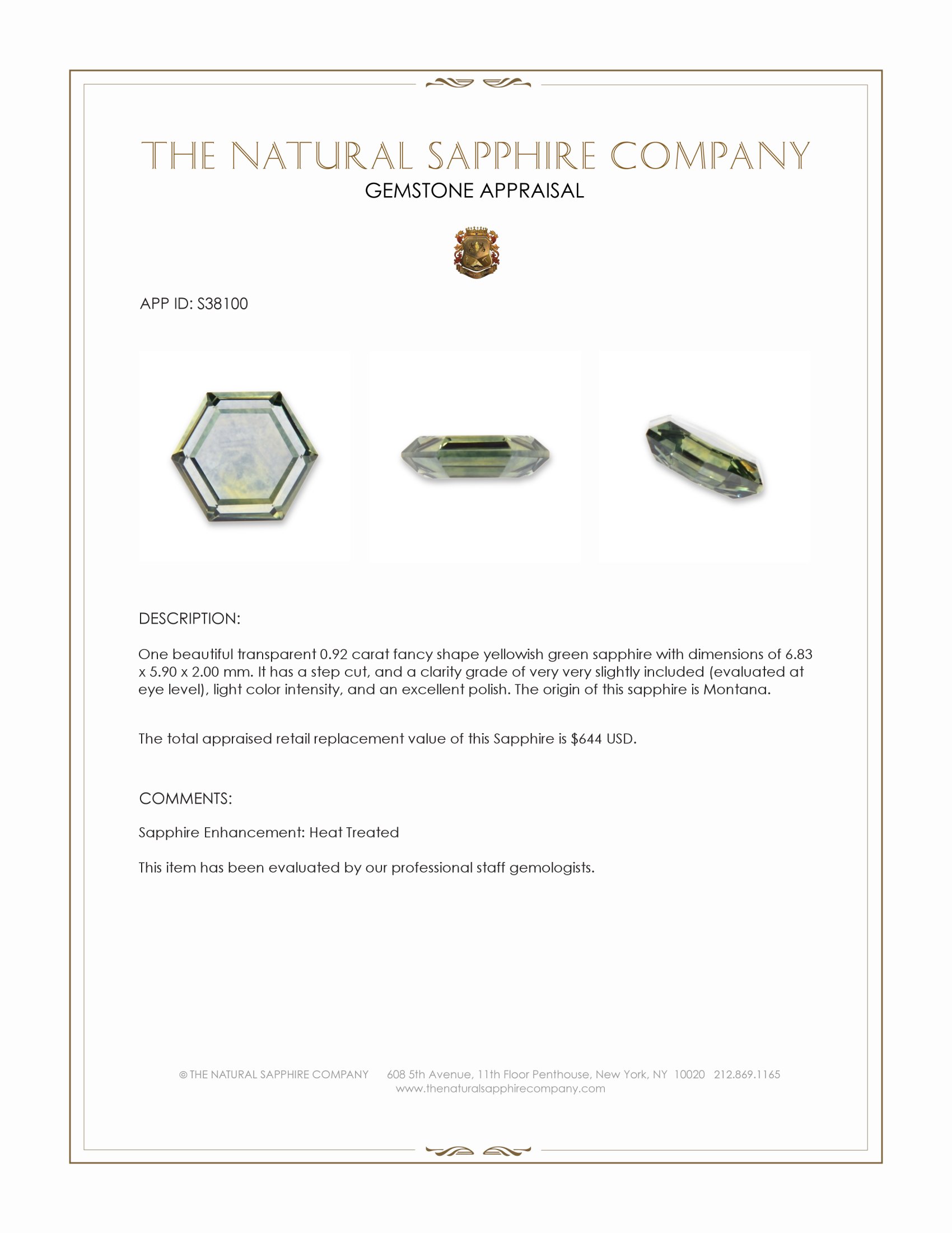 0.92 Ct. Yellowish Green Sapphire from Montana