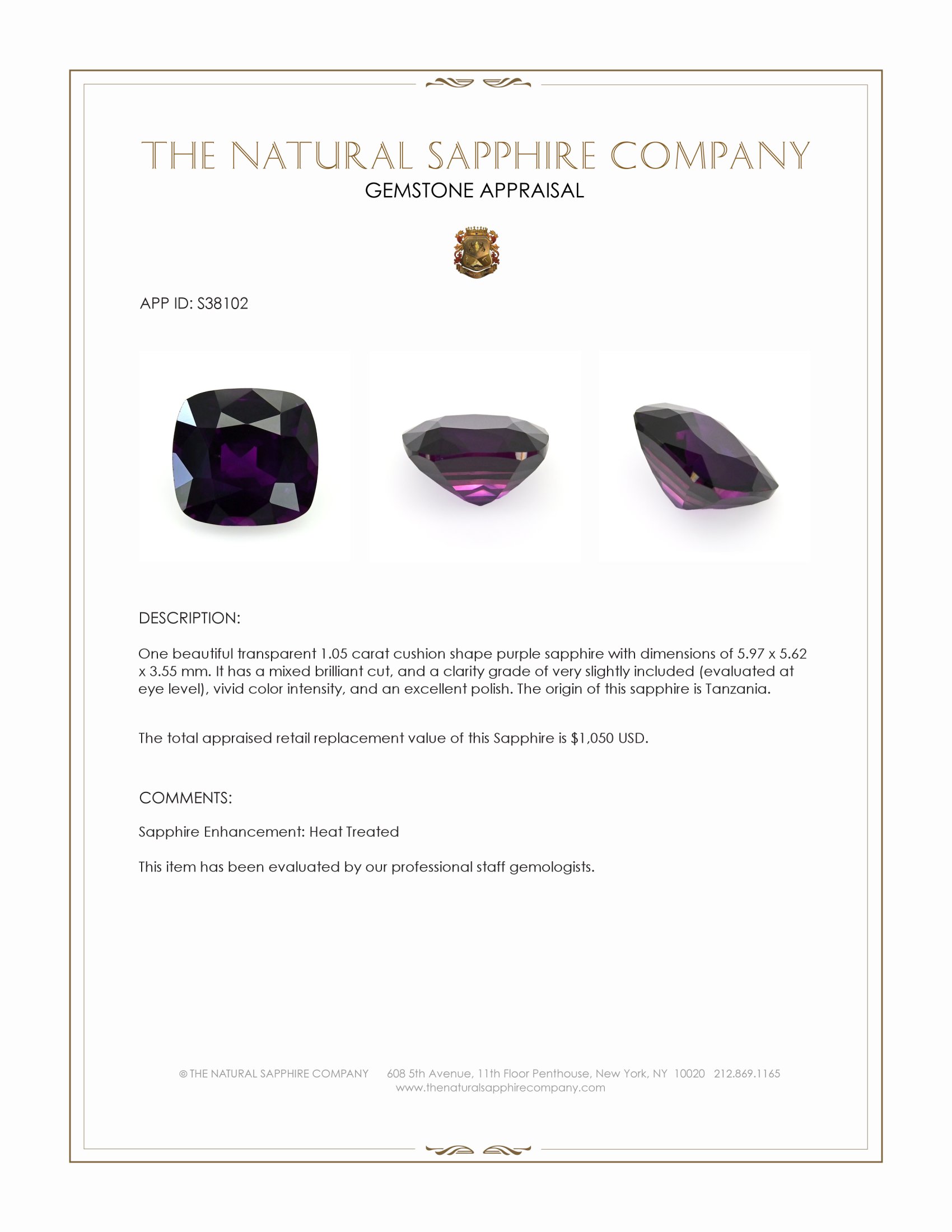 1.05 Ct. Purple Sapphire from Tanzania