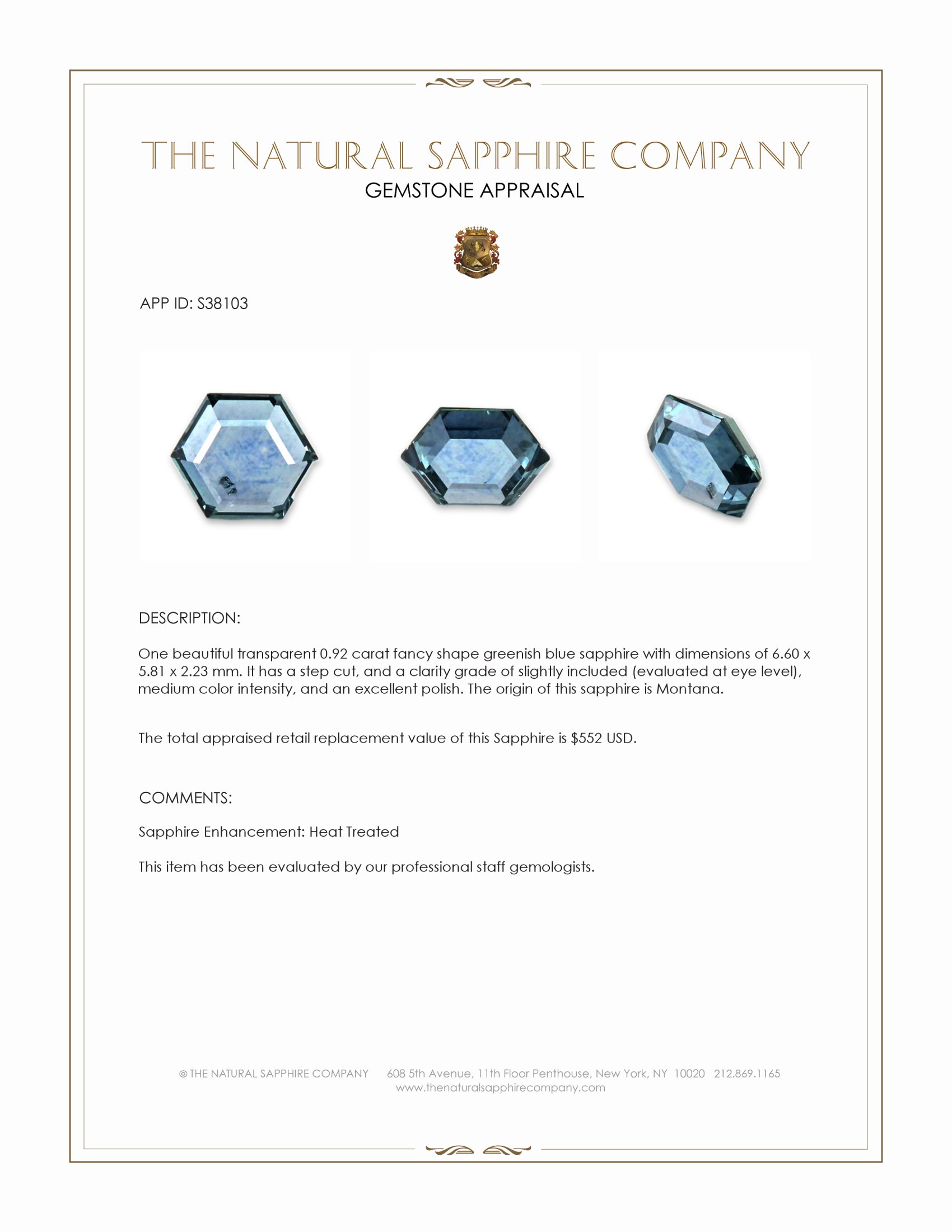 0.92 Ct. Greenish Blue Sapphire from Montana