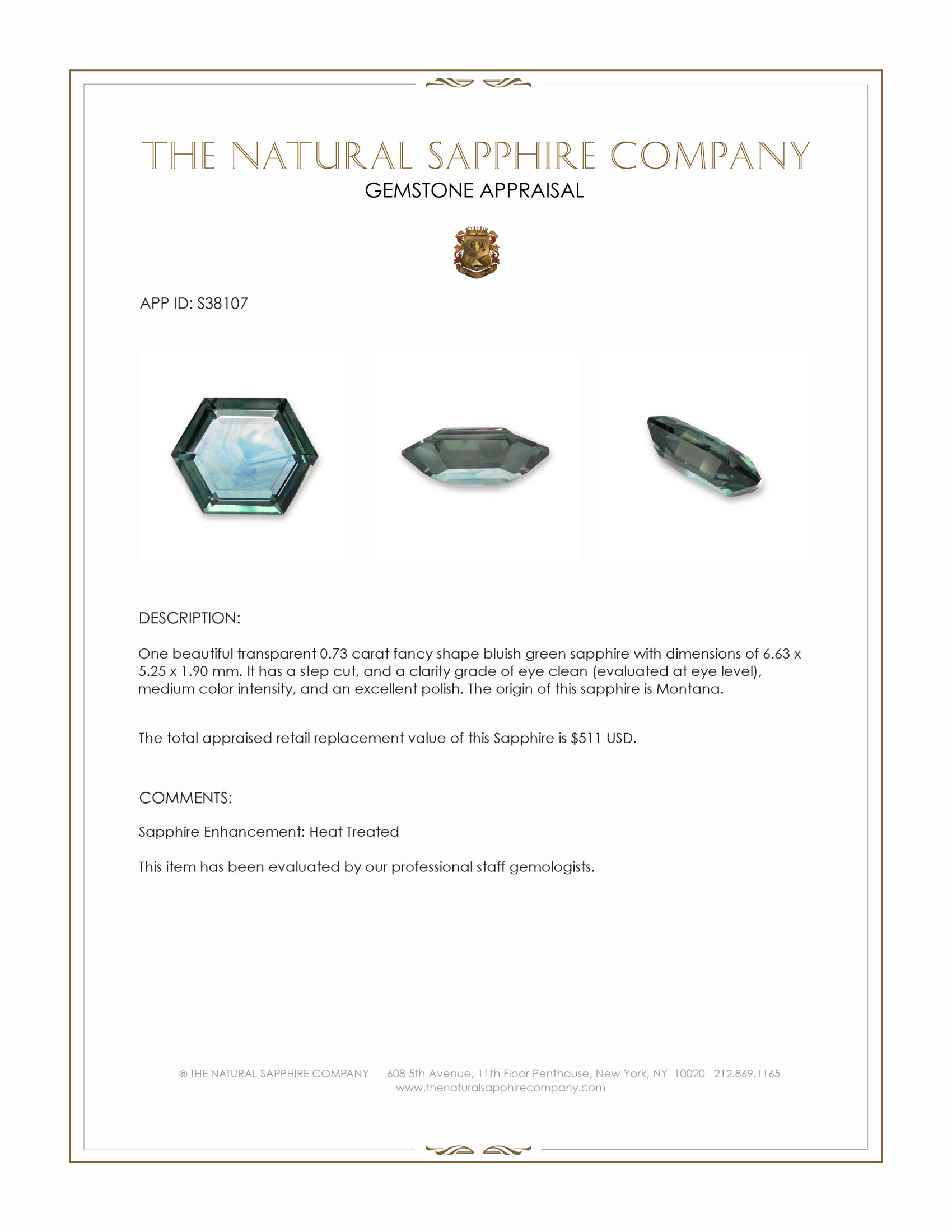 0.73 Ct. Bluish Green Sapphire from Montana