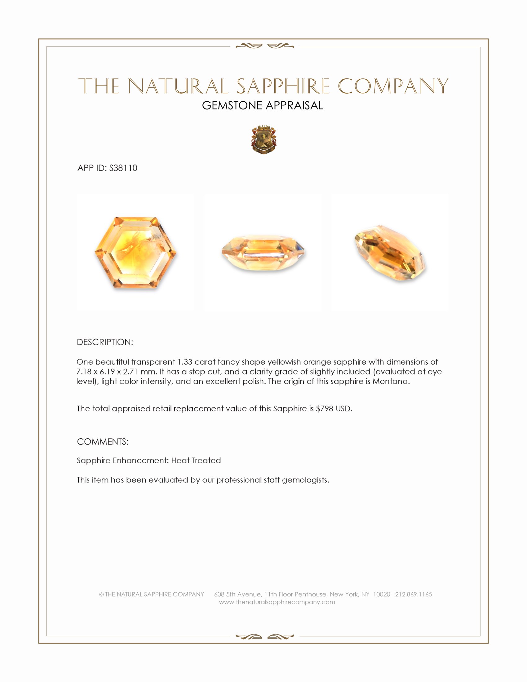 1.33 Ct. Yellowish Orange Sapphire from Montana