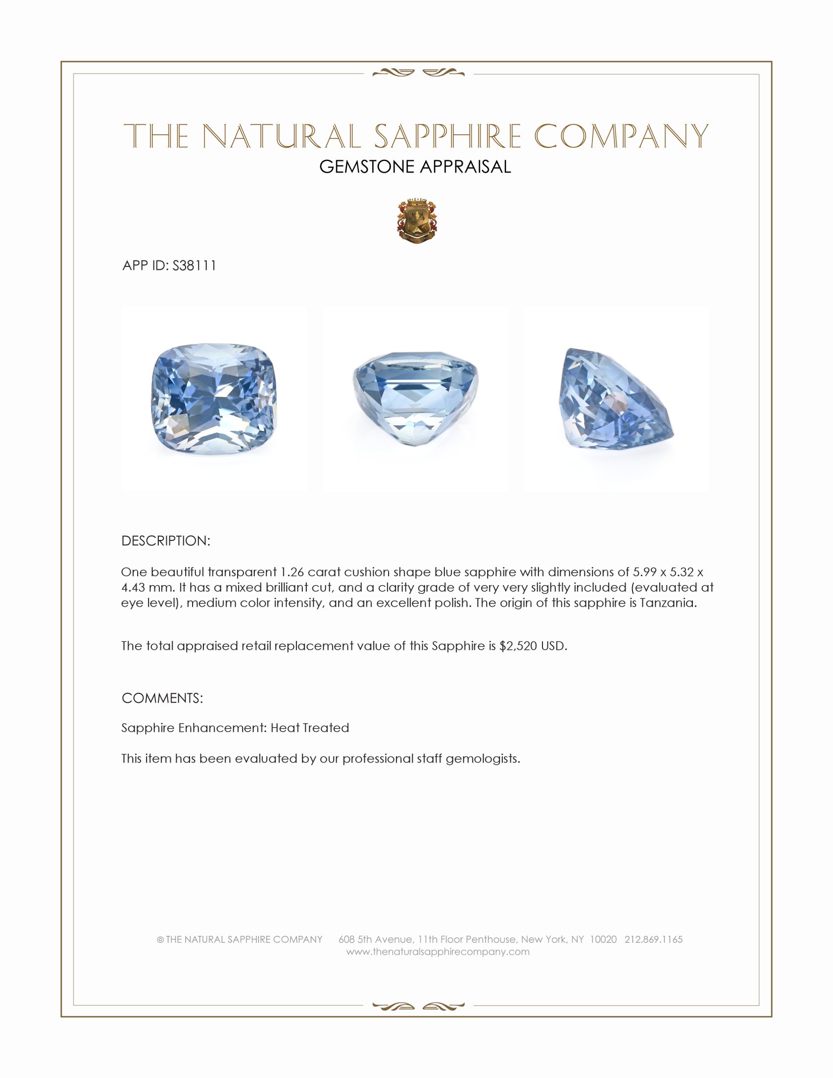 1.26 Ct. Blue Sapphire from Tanzania