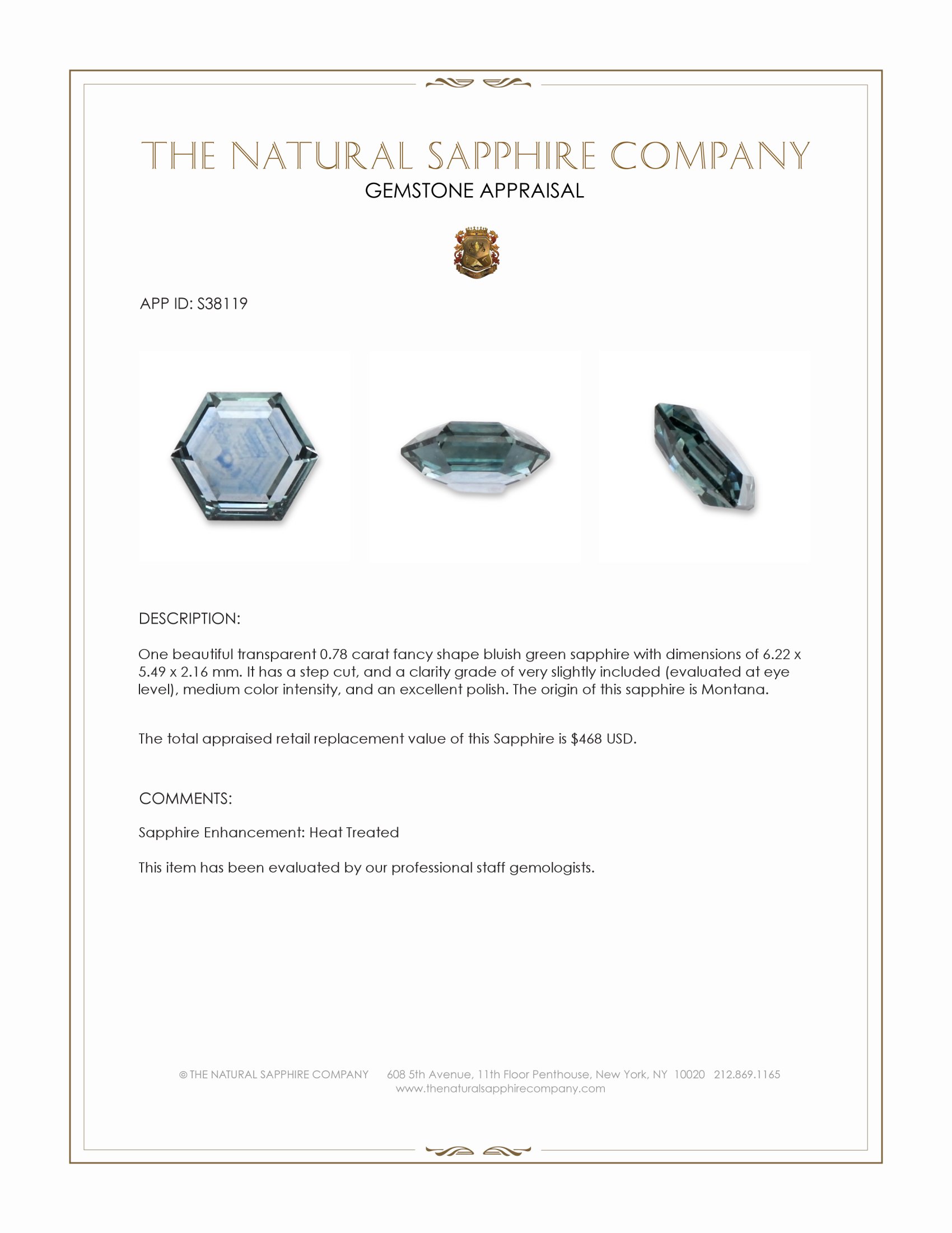 0.78 Ct. Bluish Green Sapphire from Montana