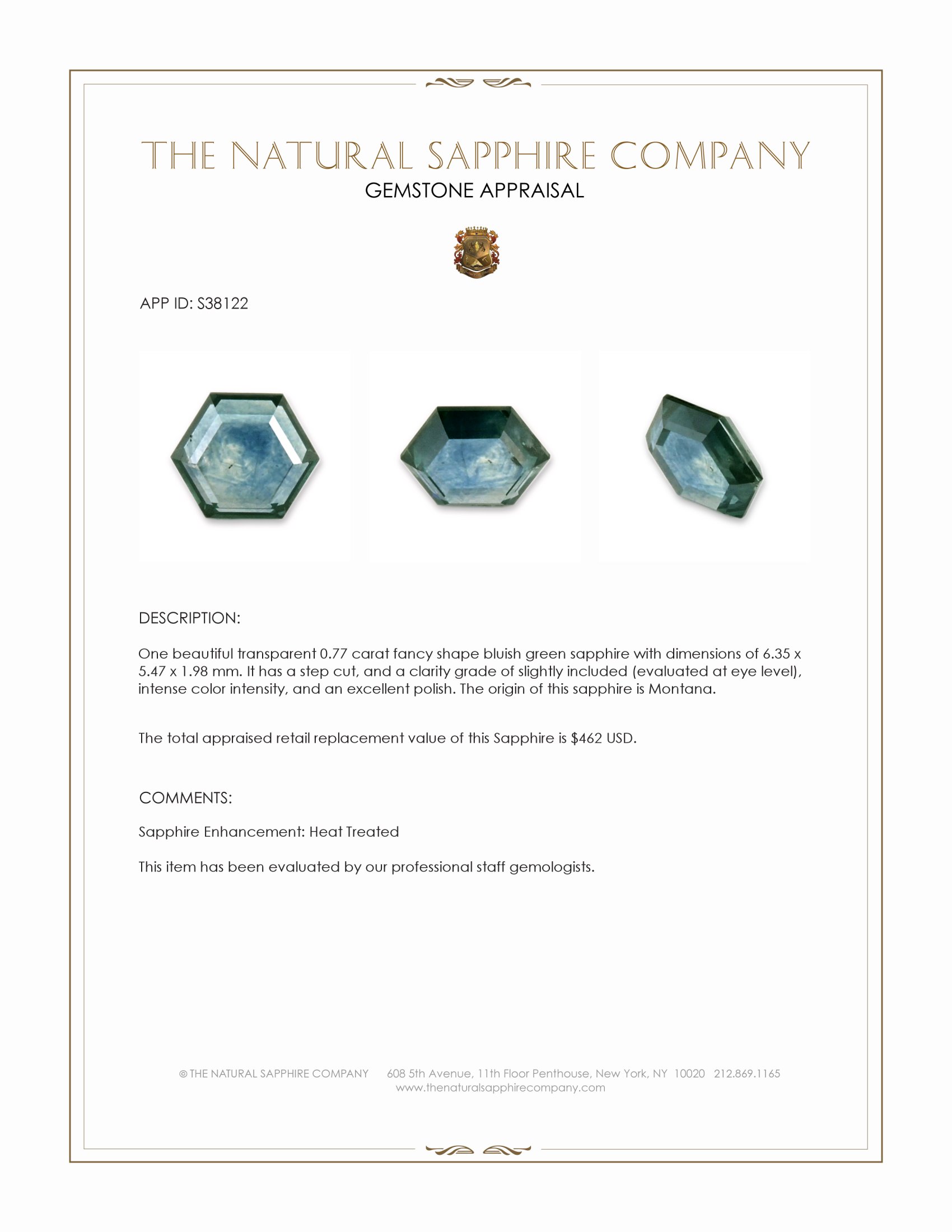 0.77 Ct. Bluish Green Sapphire from Montana