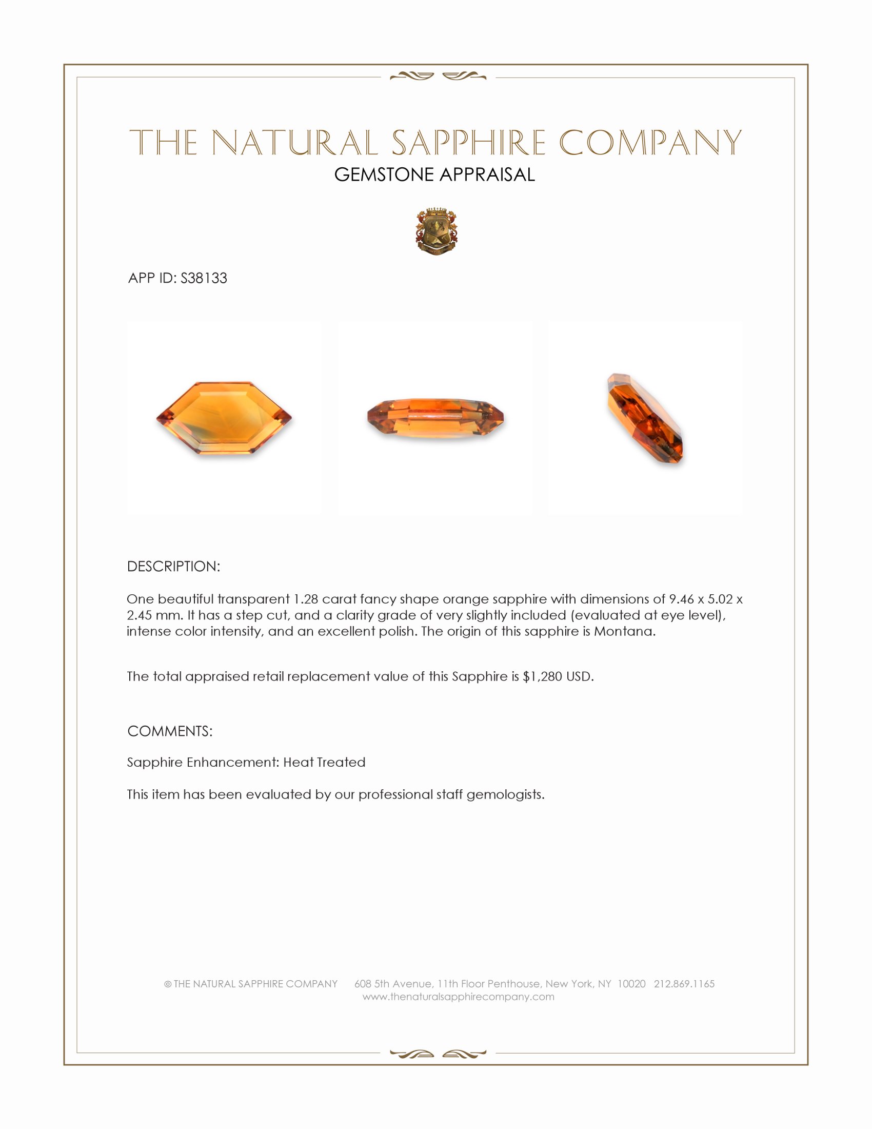 1.28 Ct. Orange Sapphire from Montana