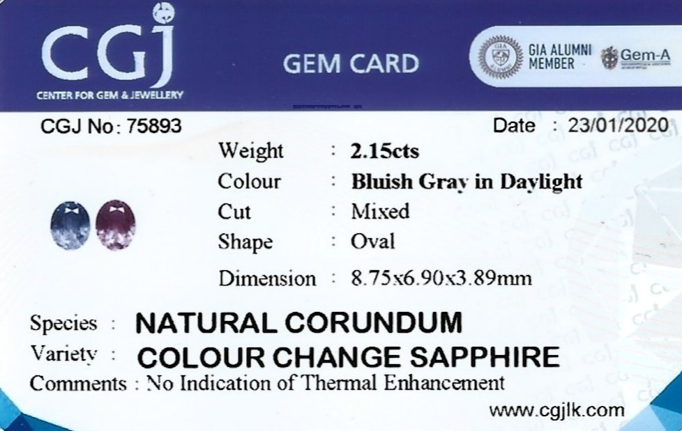 2.15 Ct. Color Change Sapphire from Ceylon (Sri Lanka)