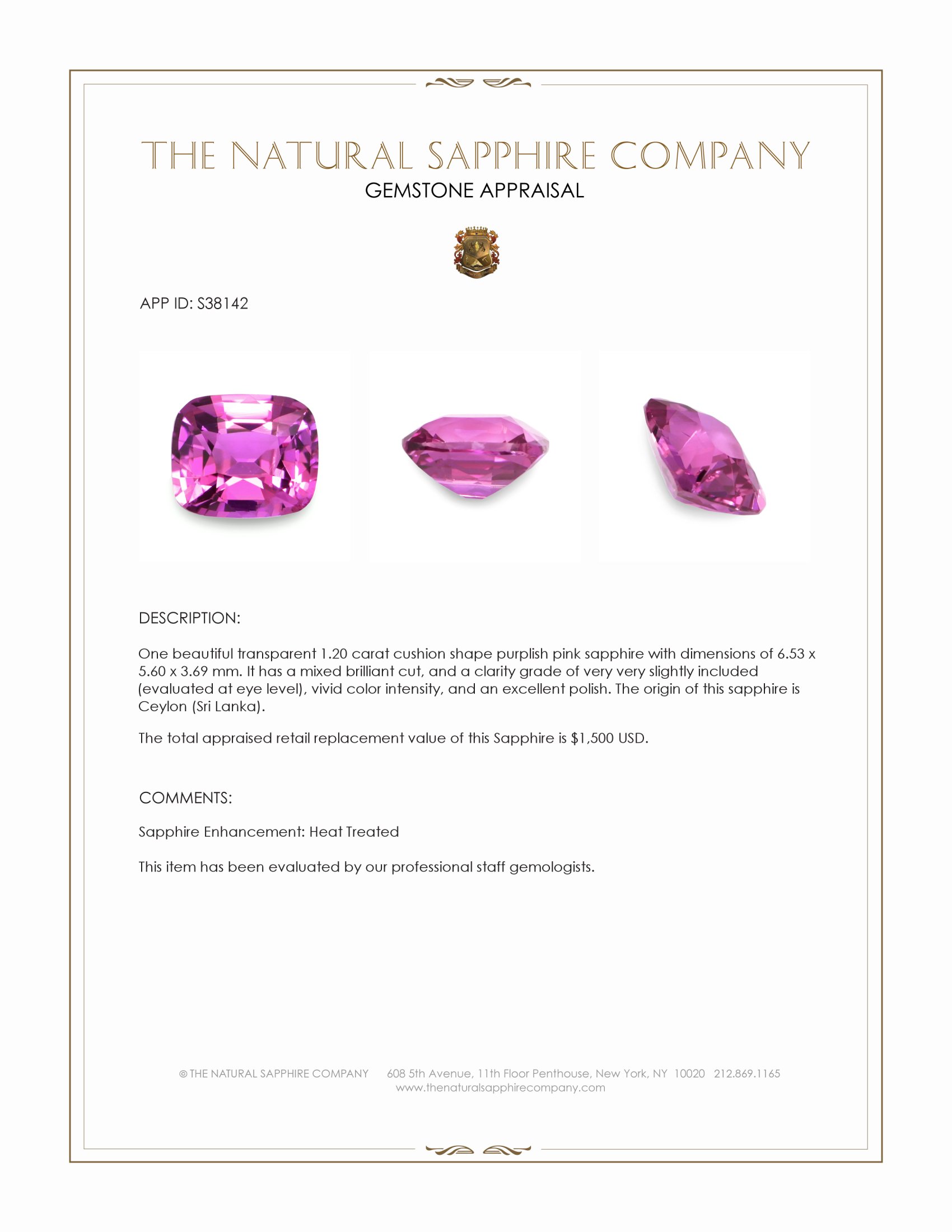 1.20 Ct. Purplish Pink Sapphire from Ceylon (Sri Lanka)