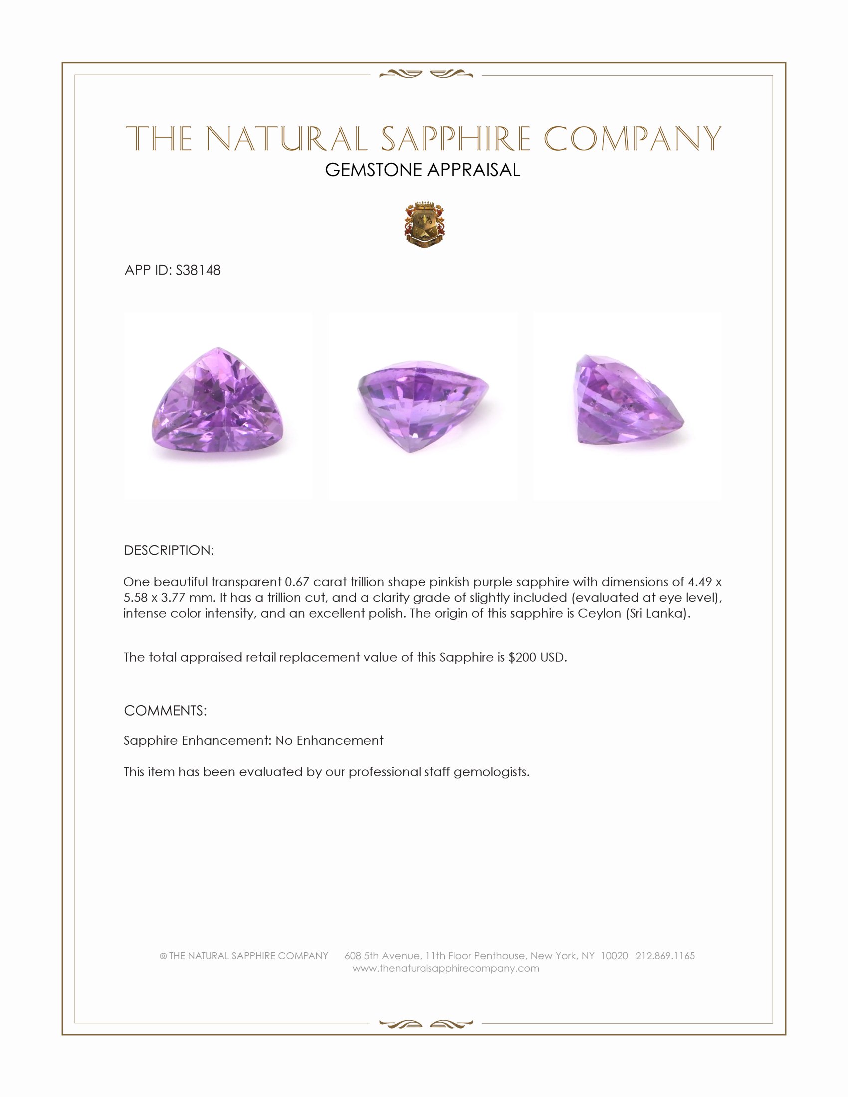 0.67 Ct. Pinkish Purple Sapphire from Ceylon (Sri Lanka)