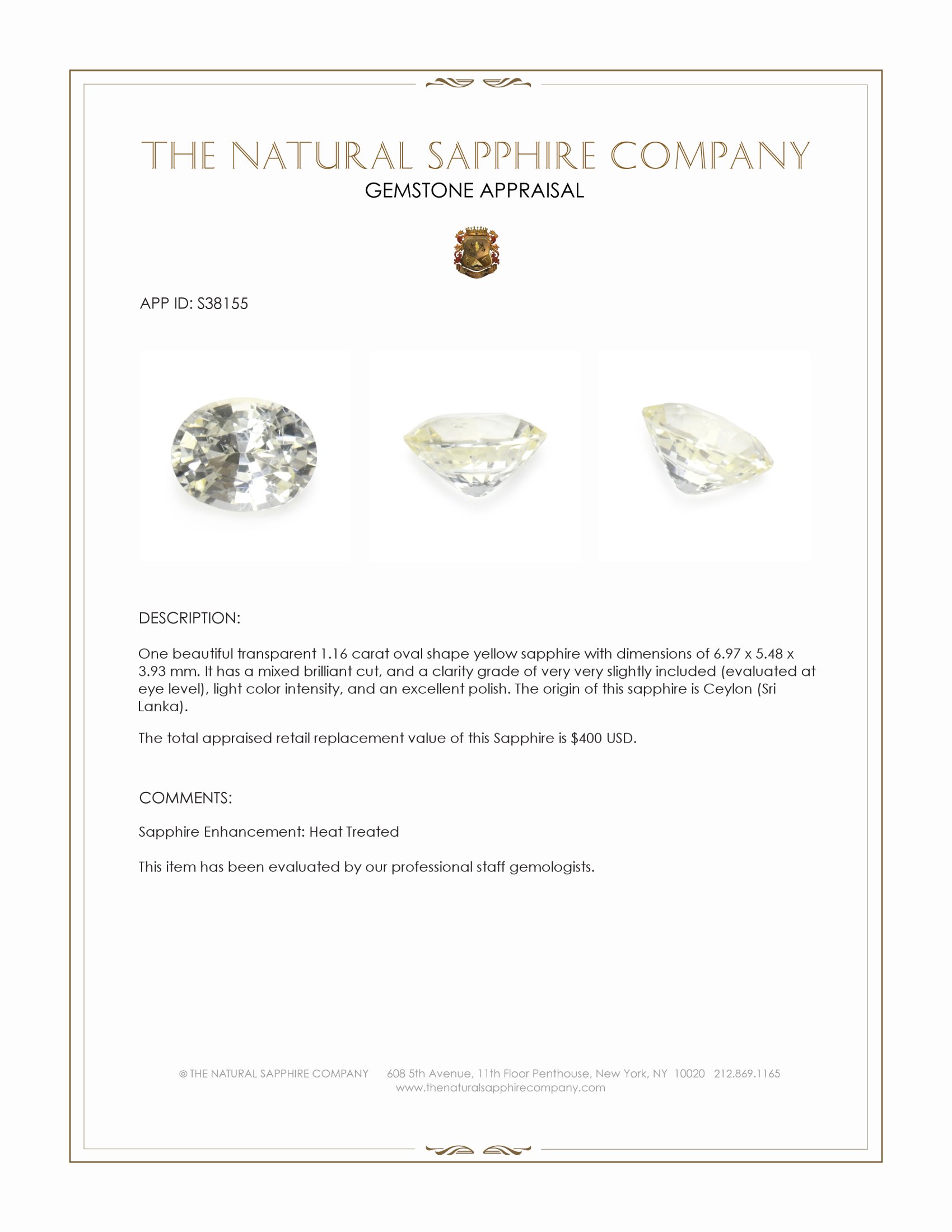 1.16 Ct. Yellow Sapphire from Ceylon (Sri Lanka)
