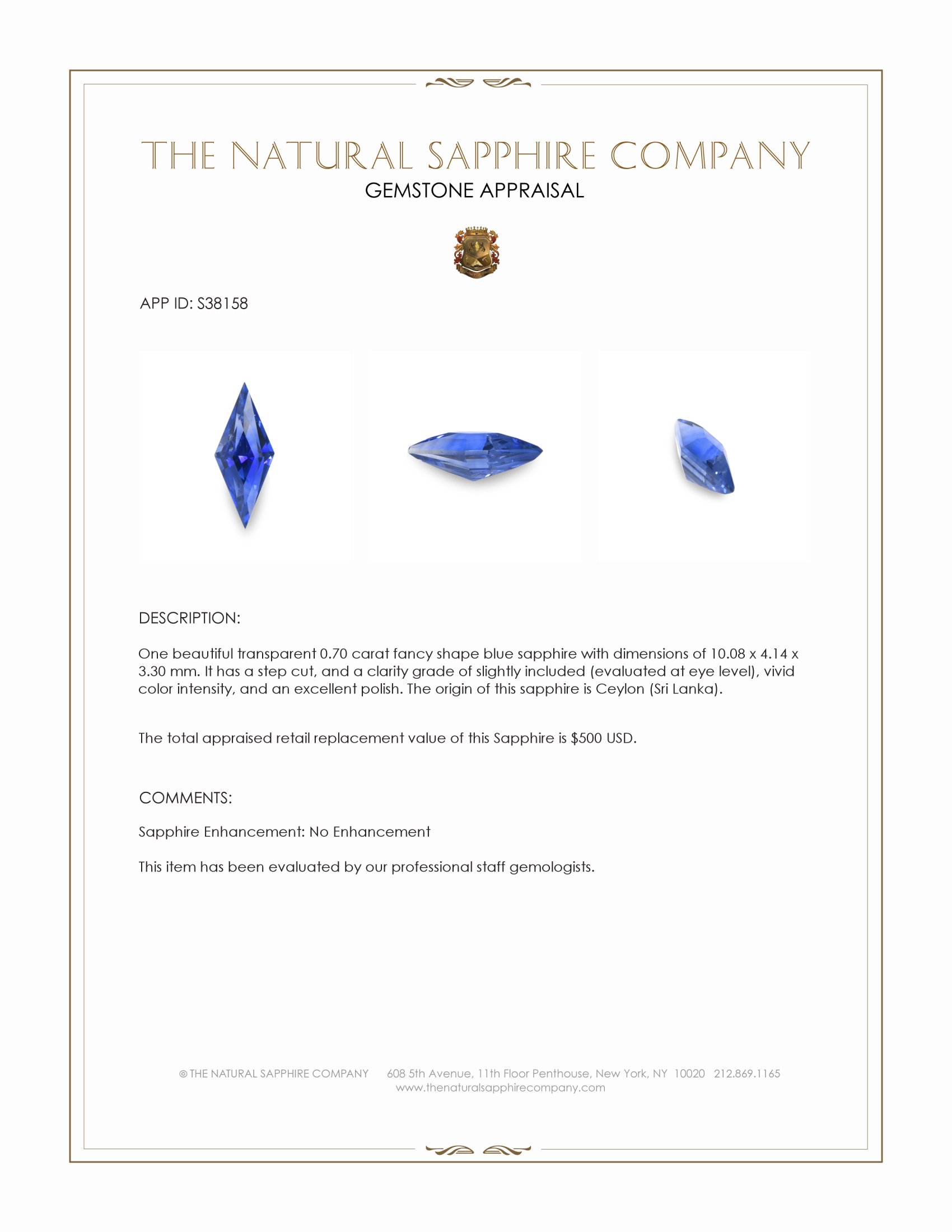 0.70 Ct. Blue Sapphire from Ceylon (Sri Lanka)